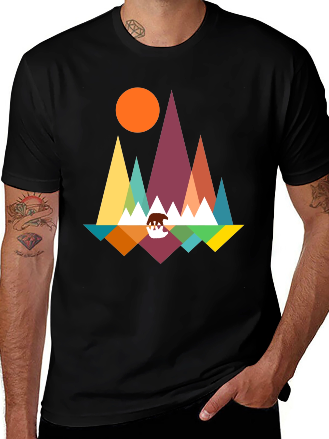 Variant 29 of Geometric Bear & Mountain Graphic Tee - Black