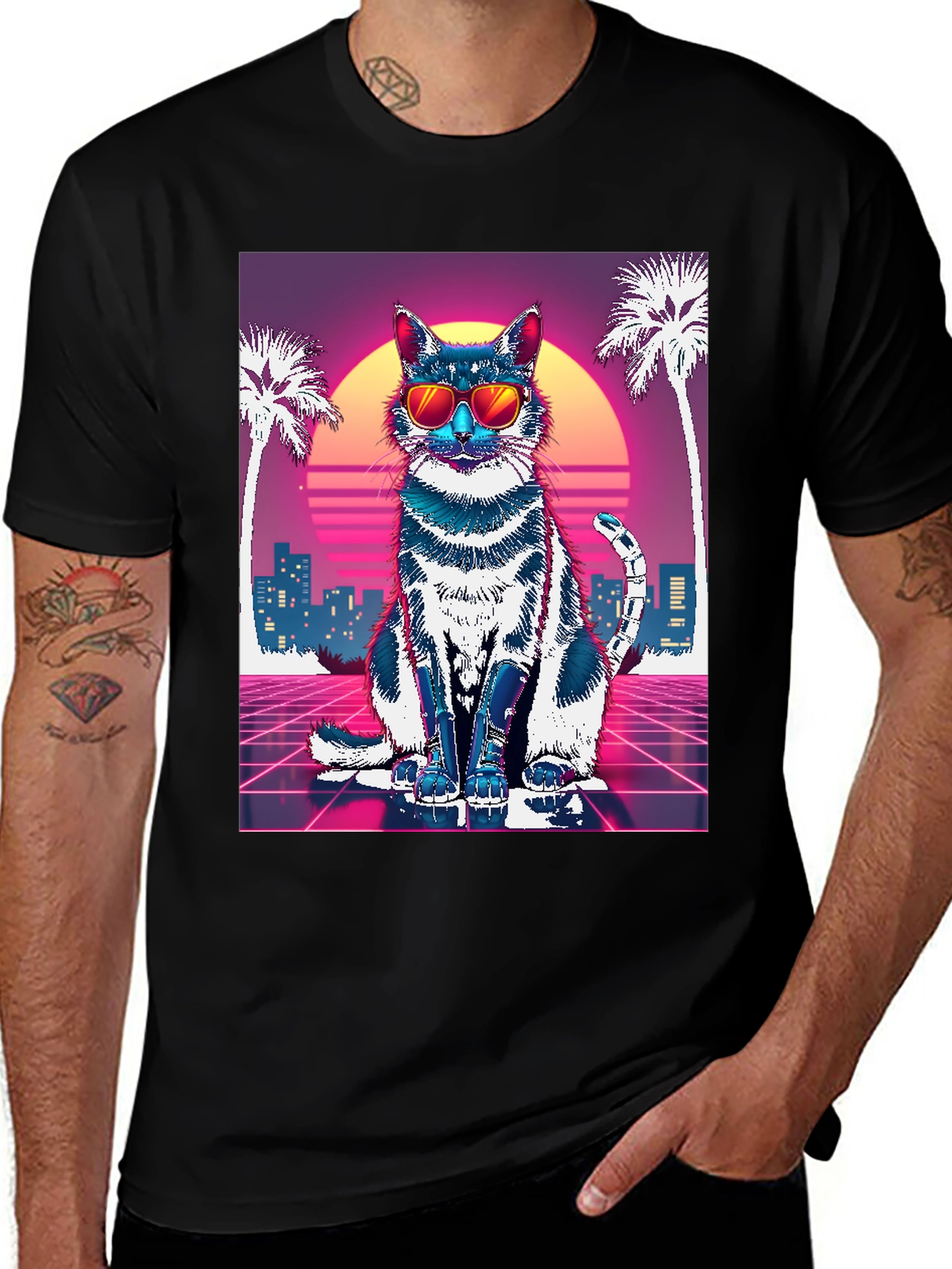 Retro Cat T-Shirt - Synthwave Style