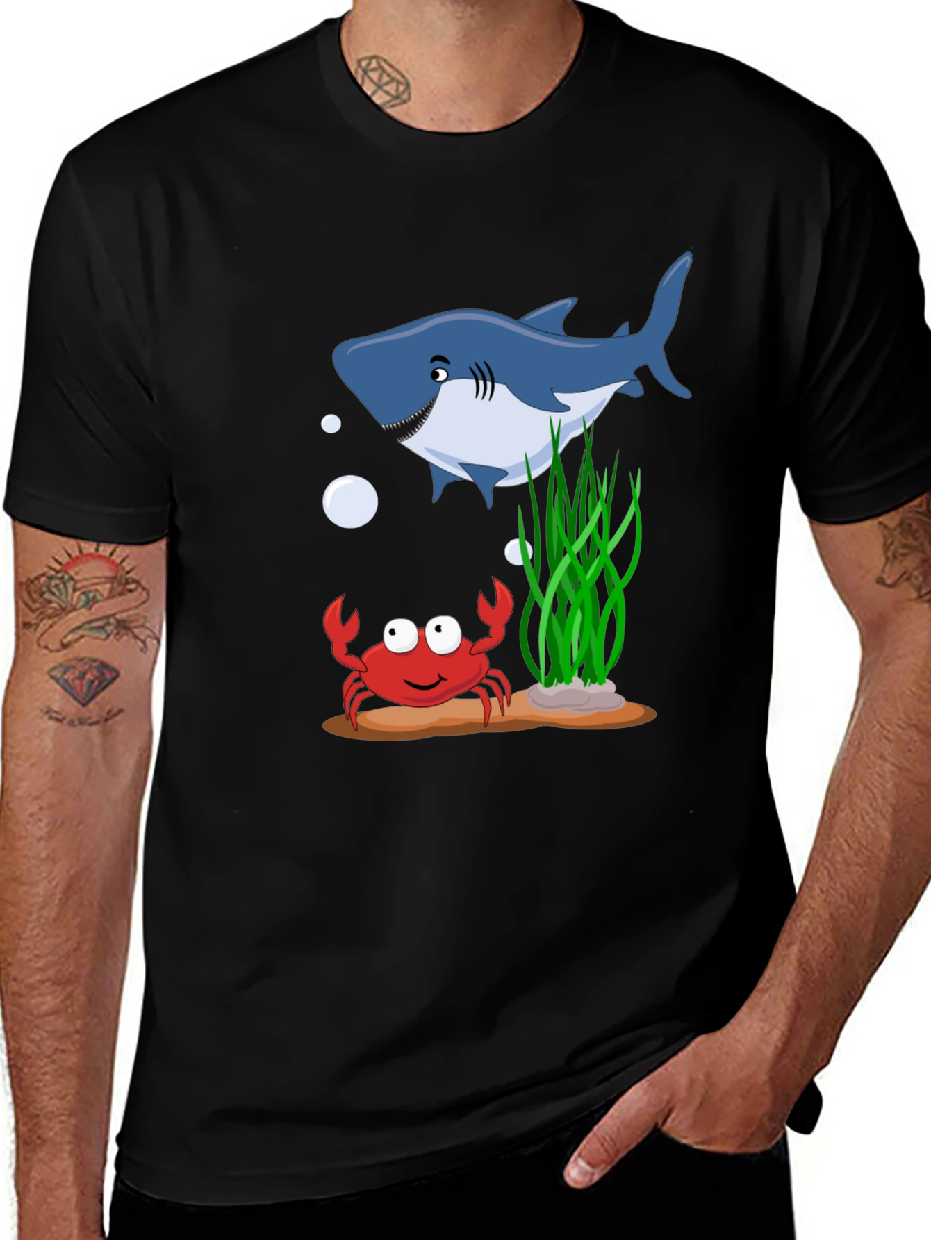 Variant 23 of Shark & Crab Cartoon Graphic Black T-Shirt