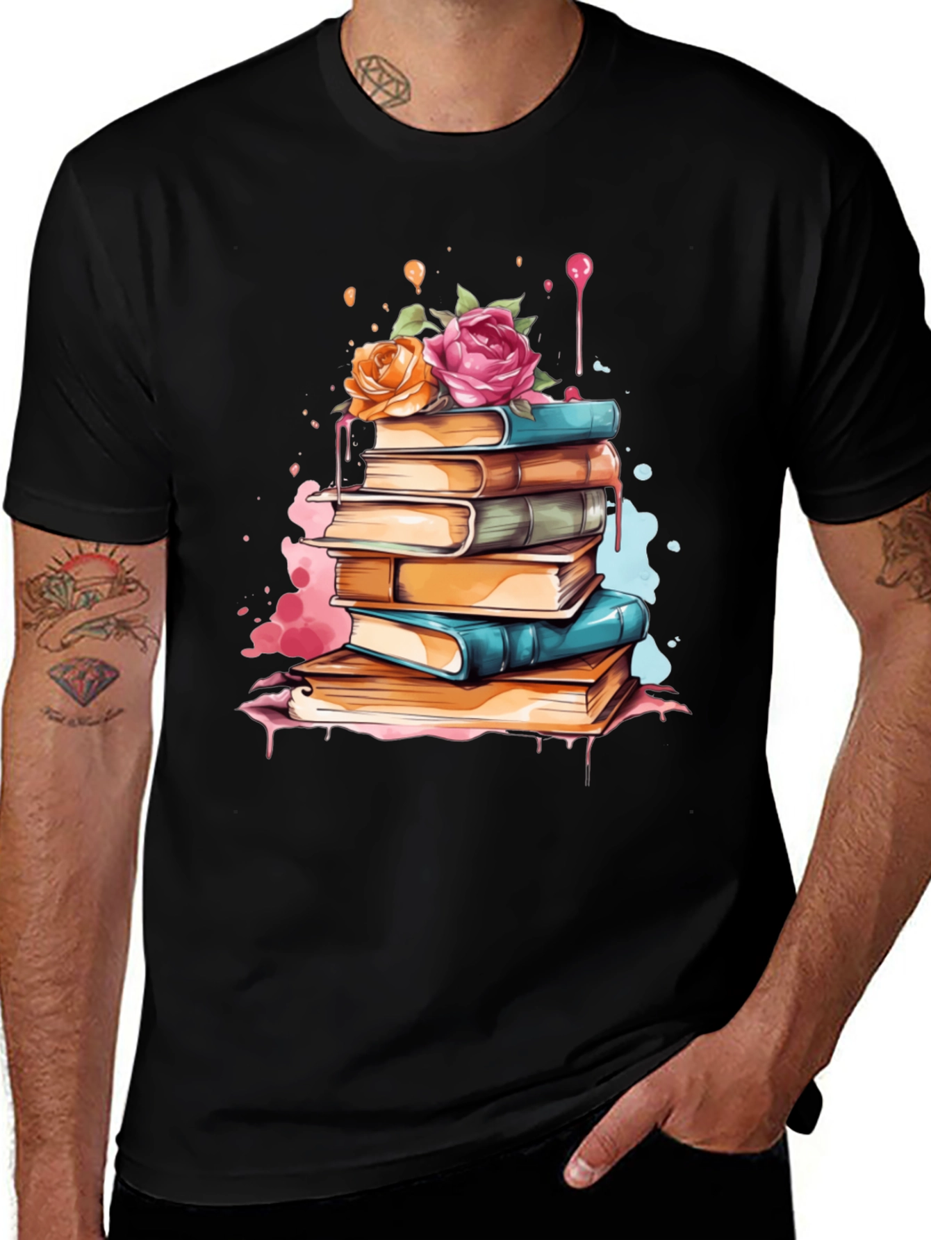Variant 5 of Floral Book Stack Tee - Colorful Reader T-Shirt