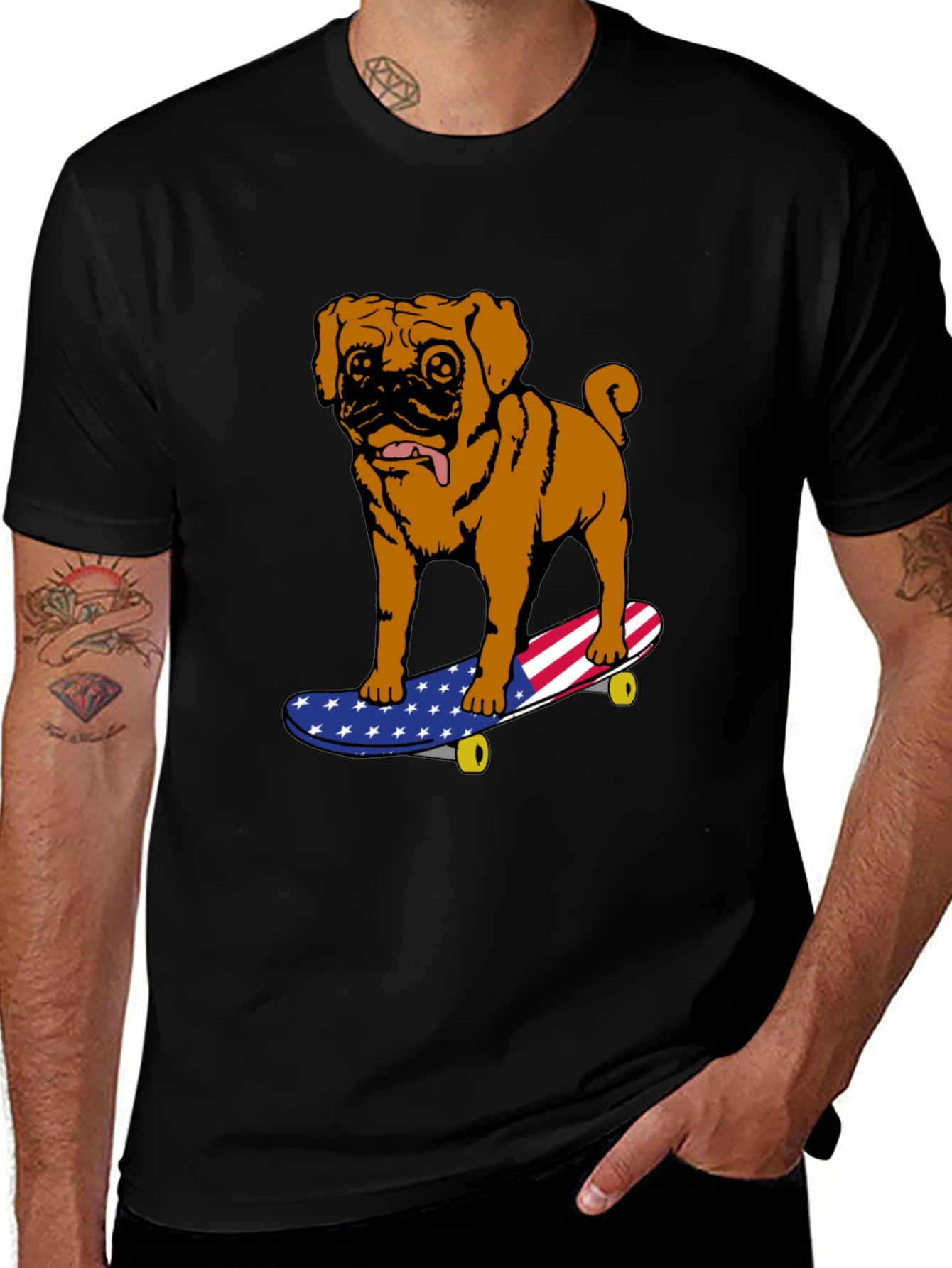 Variant 9 of Pug on Skateboard Graphic Tee - American Flag Design