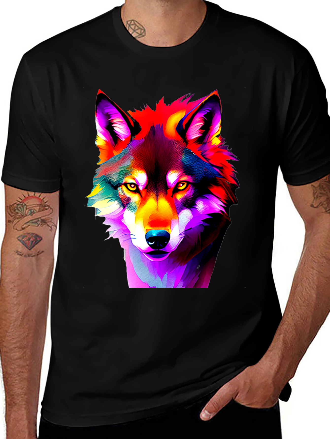 Variant 29 of Colorful Wolf Graphic T-Shirt - Mens Black Tee