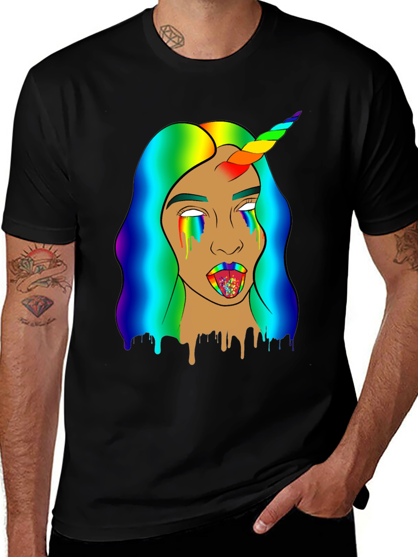 Variant 19 of Rainbow Unicorn Graphic Tee - Men's Black T-Shirt