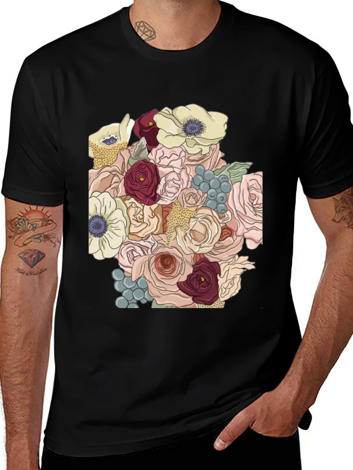 Variant 30 of Floral Bouquet Graphic T-Shirt - Stylish Black Tee