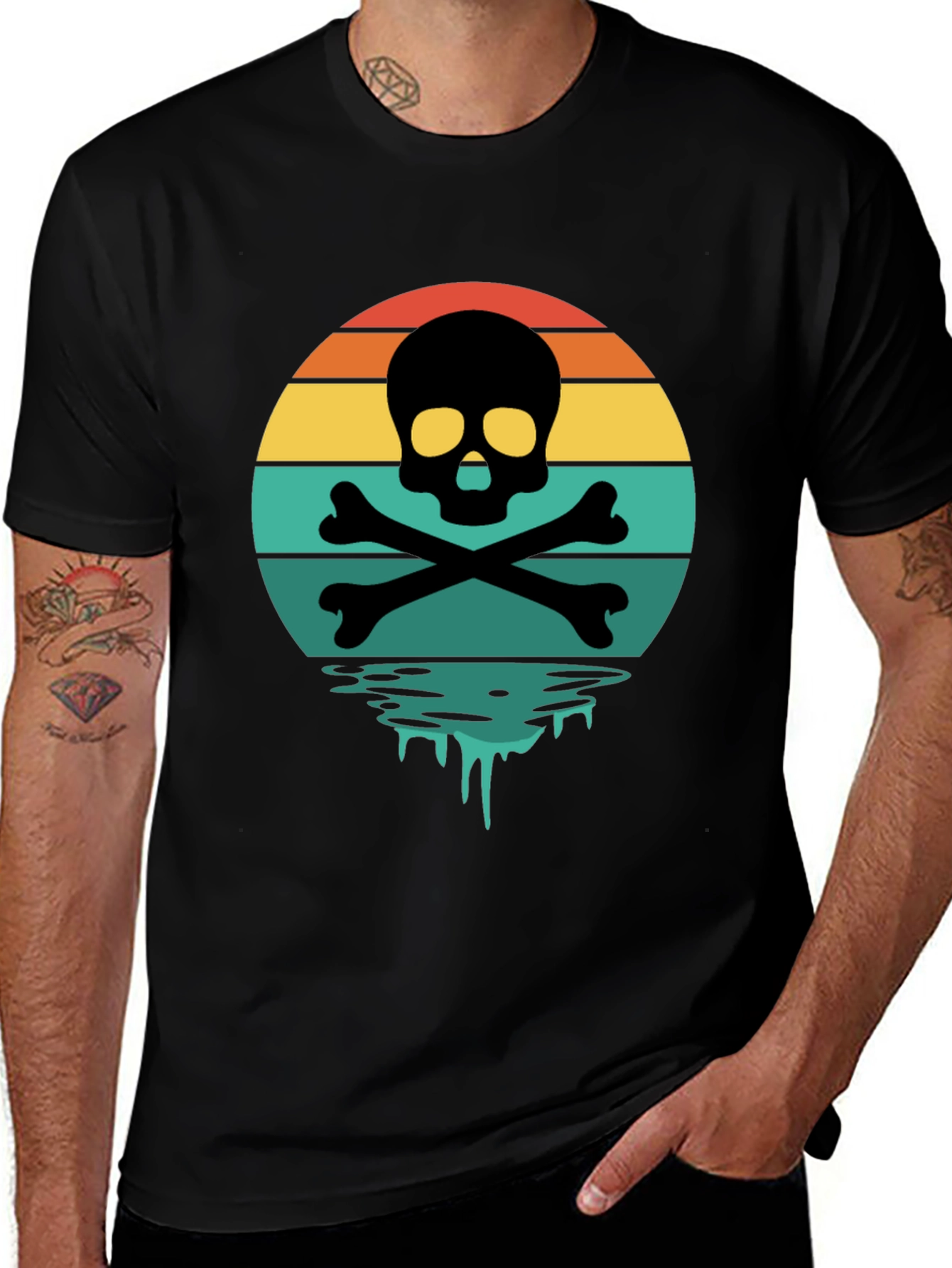 Variant 5 of Skull & Crossbones Sunset T-Shirt - Retro Graphic Tee