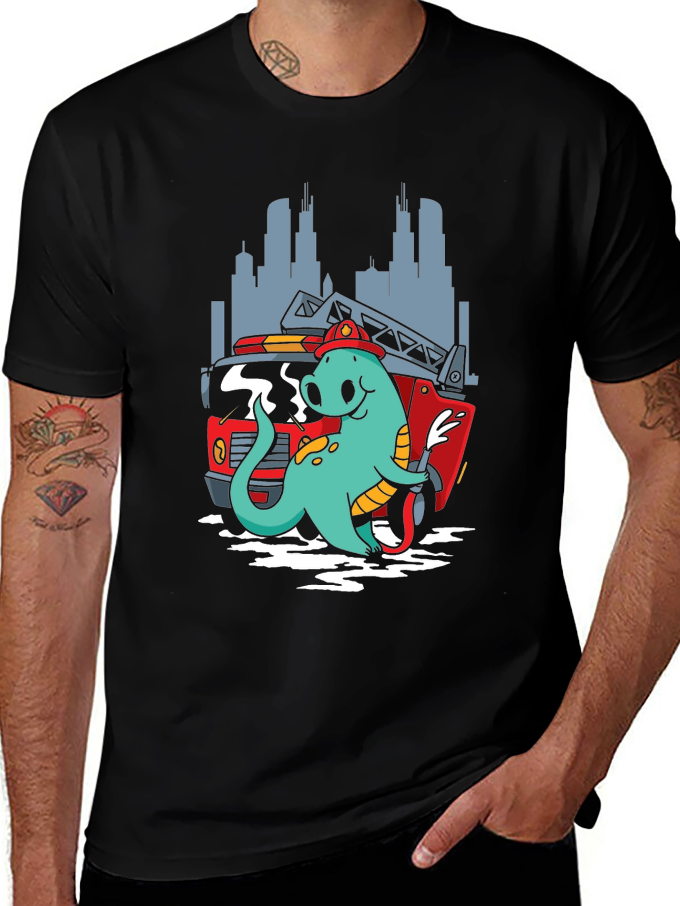 Variant 3 of Dino Firefighter T-Shirt - Cartoon Design