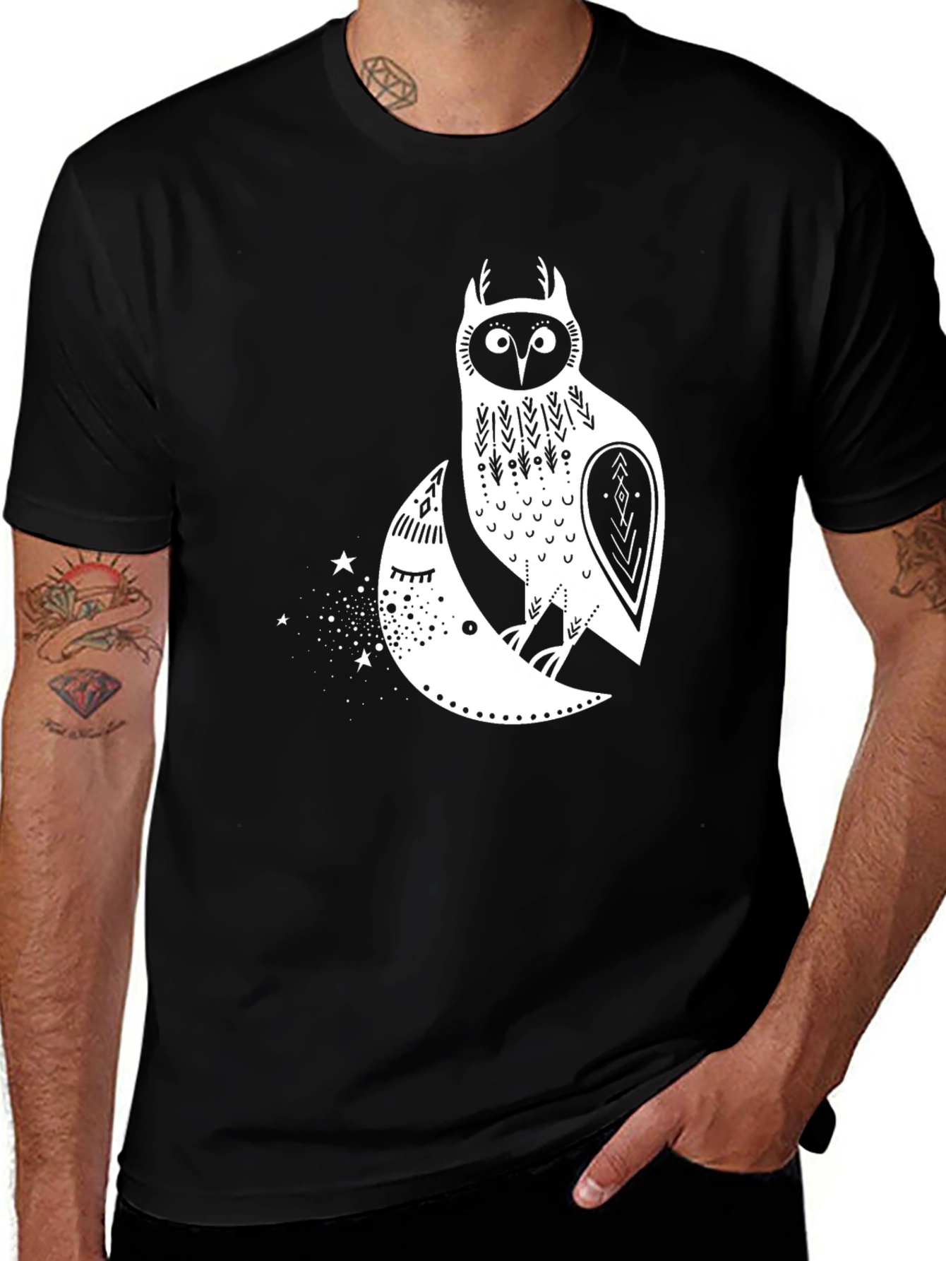 Variant 9 of Owl & Moon Graphic Tee - Black Cotton Blend T-Shirt