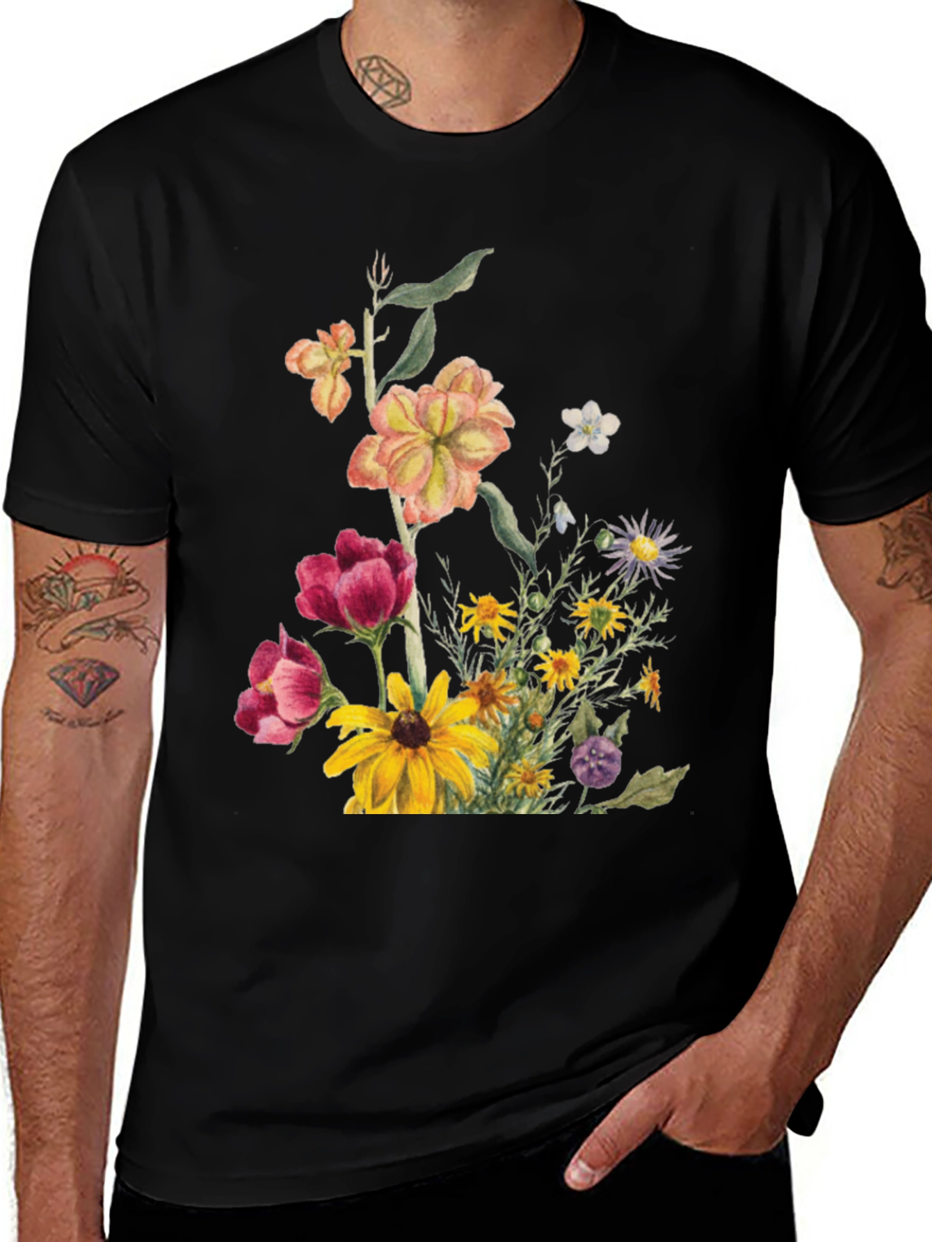 Variant 17 of Floral Print Black T-Shirt for Men