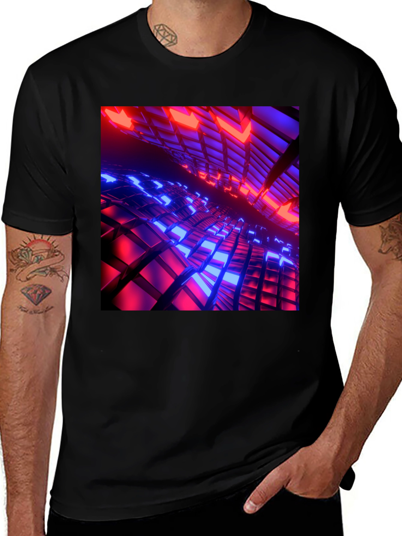 Variant 25 of Cyber Grid T-Shirt: Red & Blue 3D Block Design