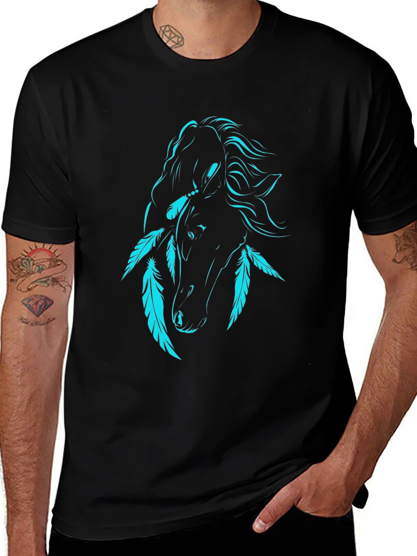 Variant 17 of Black T-Shirt with Turquoise Horse and Feathers Graphic