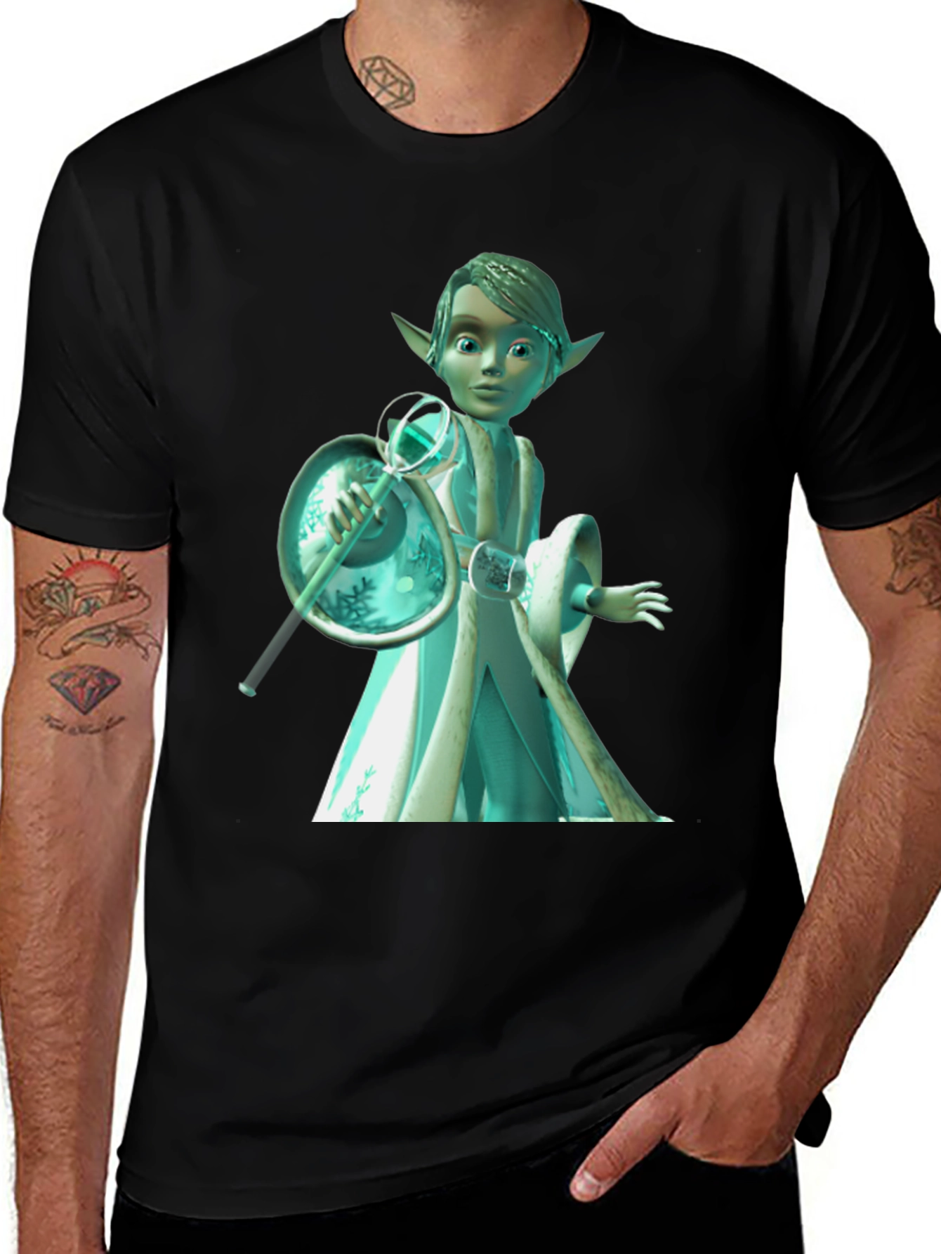 Variant 2 of Cartoon Elf on Black T-Shirt