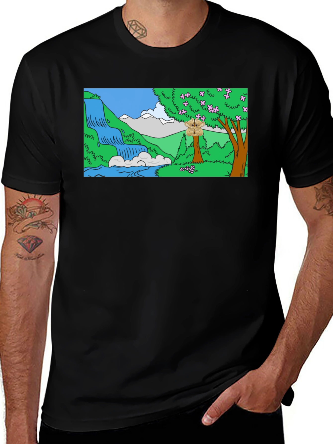 Variant 20 of Cartoon Waterfall Scene Black T-Shirt