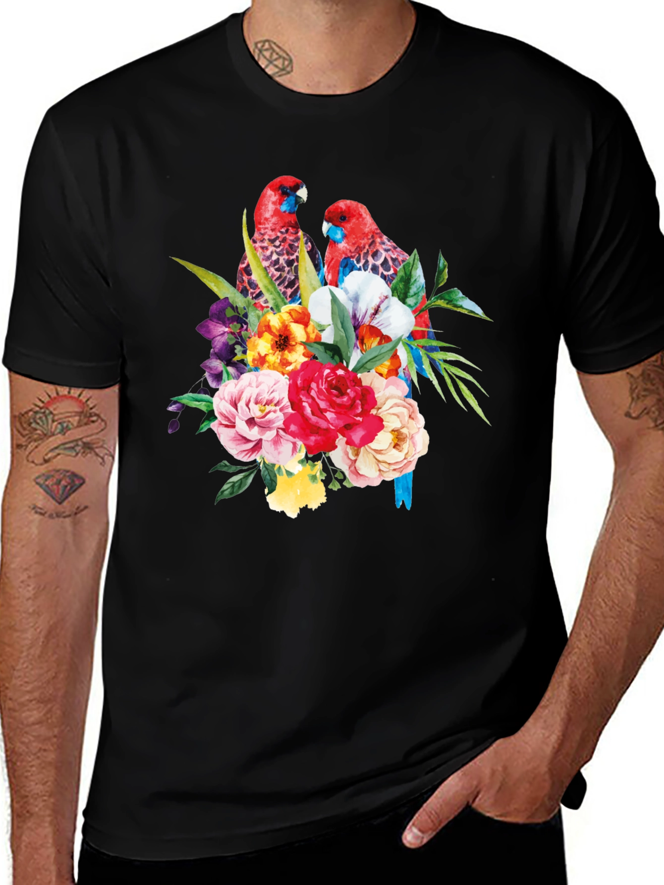 Variant 5 of Floral Parrot Graphic Tee - Black Cotton Blend