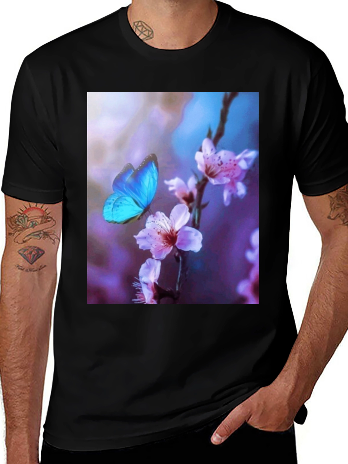 Variant 10 of Butterfly Floral Print Black T-Shirt