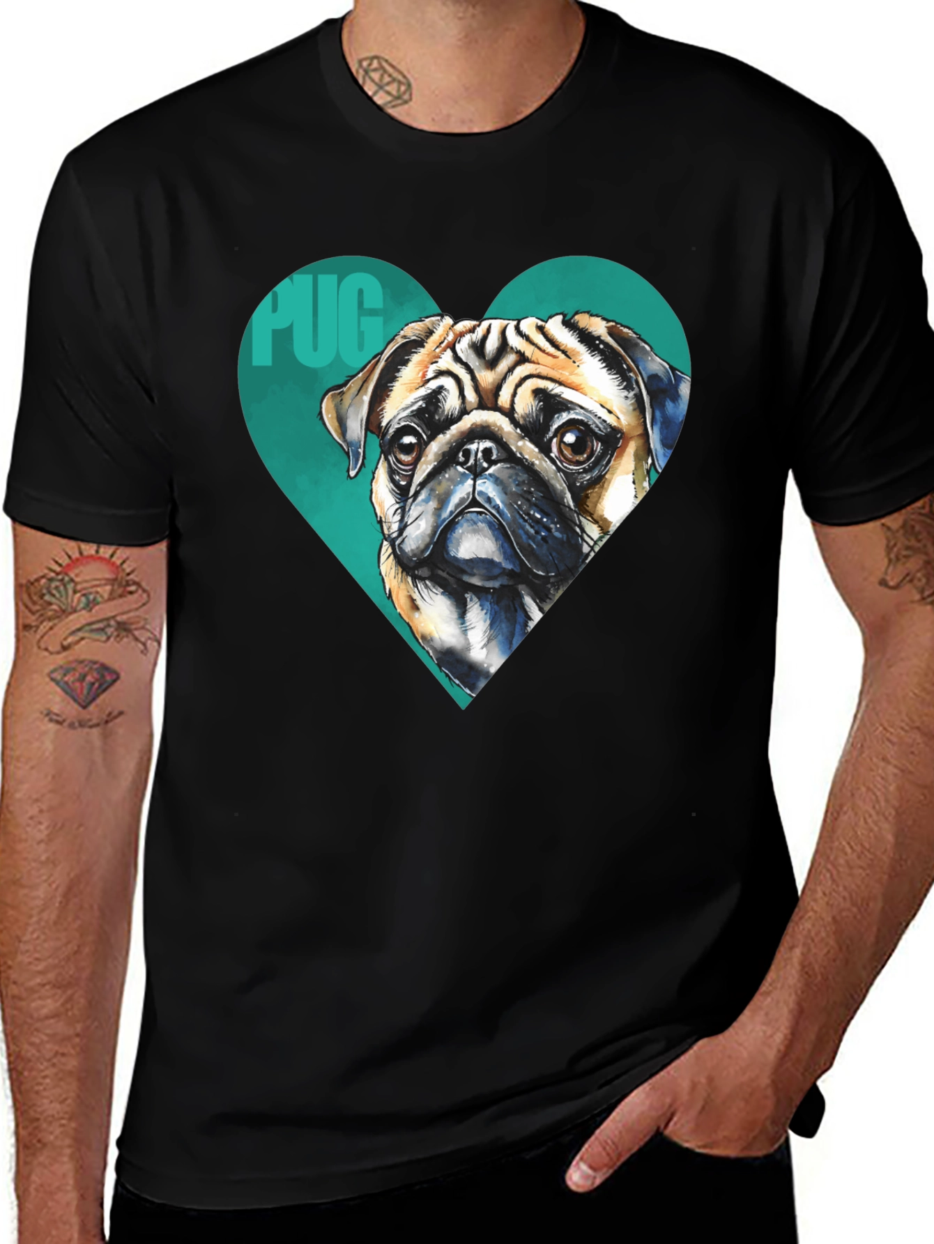 Variant 12 of Pug Heart T-Shirt - Black, Cute Dog Graphic Tee