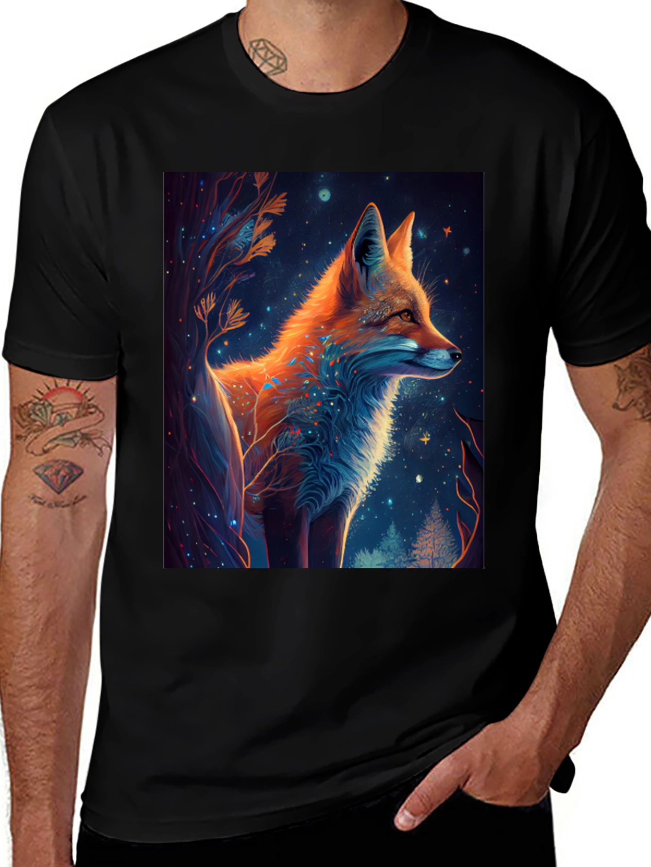 Variant 7 of Mystical Fox Graphic Tee - Black Cotton Blend