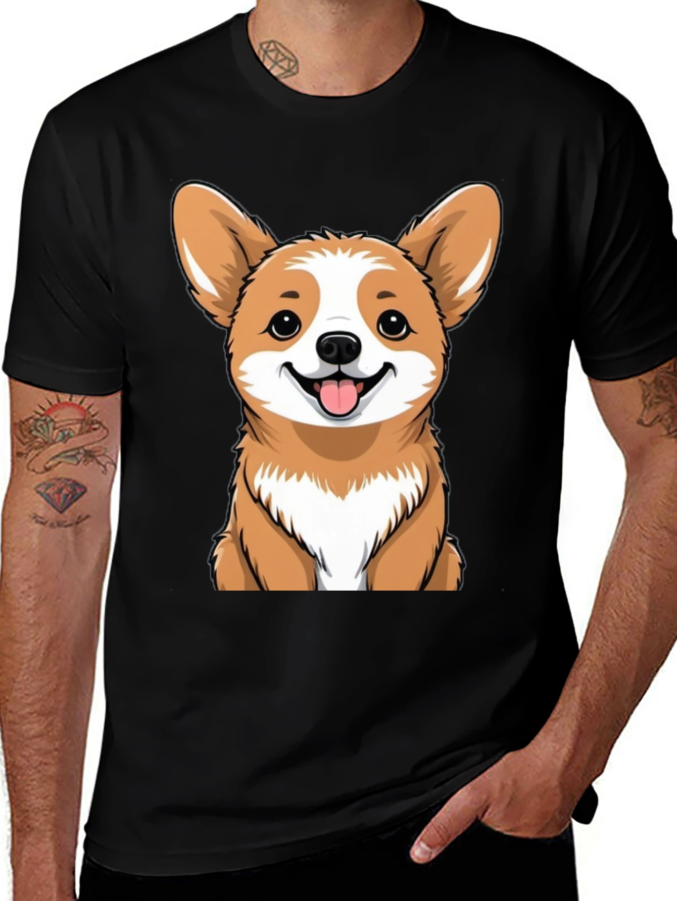 Variant 29 of Corgi Cartoon Print Black T-Shirt