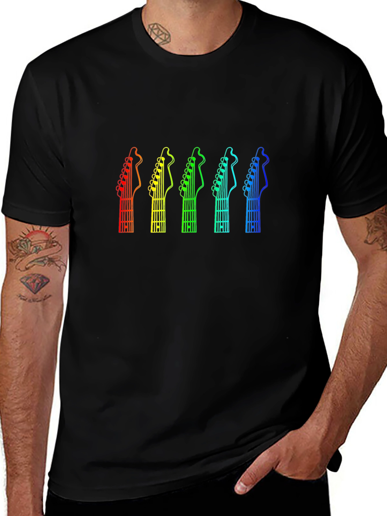 Variant 3 of Rainbow Guitar Headstock T-Shirt - Black