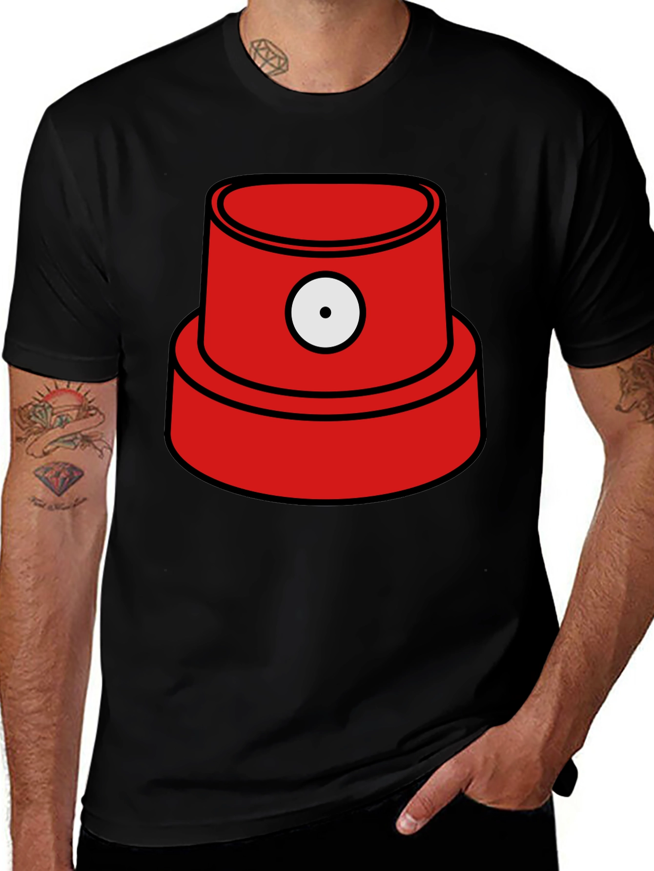 Red Spray Paint Cap Graphic Black T-Shirt