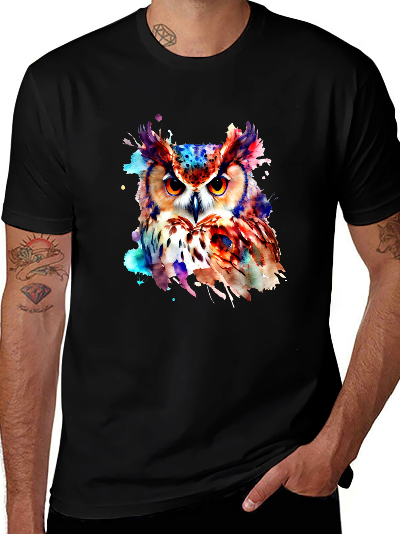 Variant 9 of Colorful Watercolor Owl Graphic Black T-Shirt