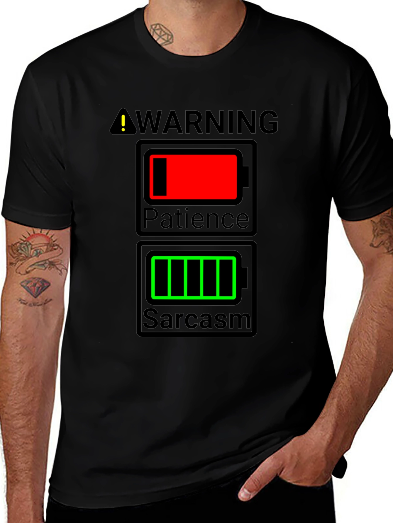 Variant 25 of Warning Patience Low Sarcasm Full Graphic Tee