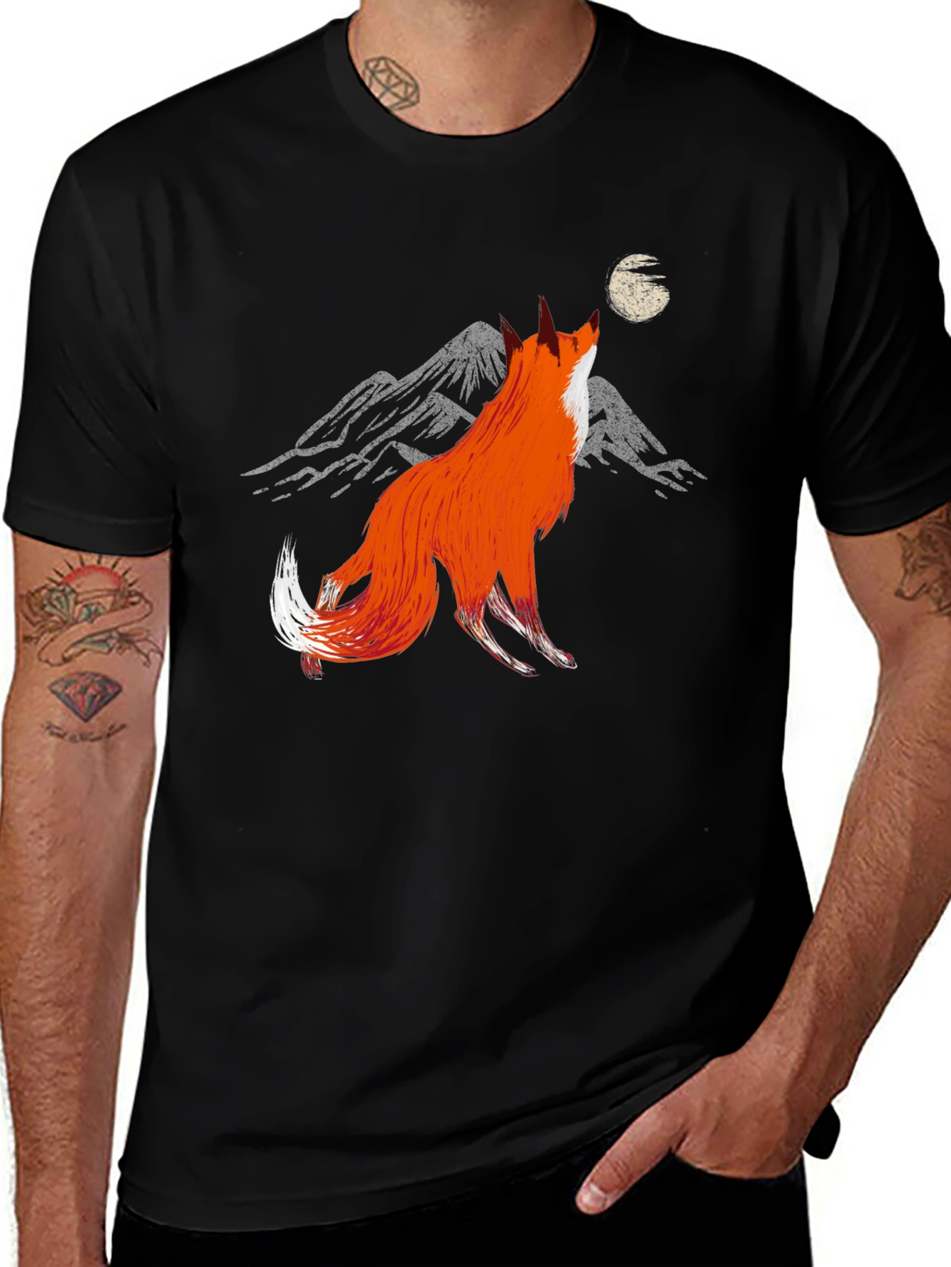 Variant 2 of Fox Howling at Moon Graphic Tee - Stylish Black T-Shirt