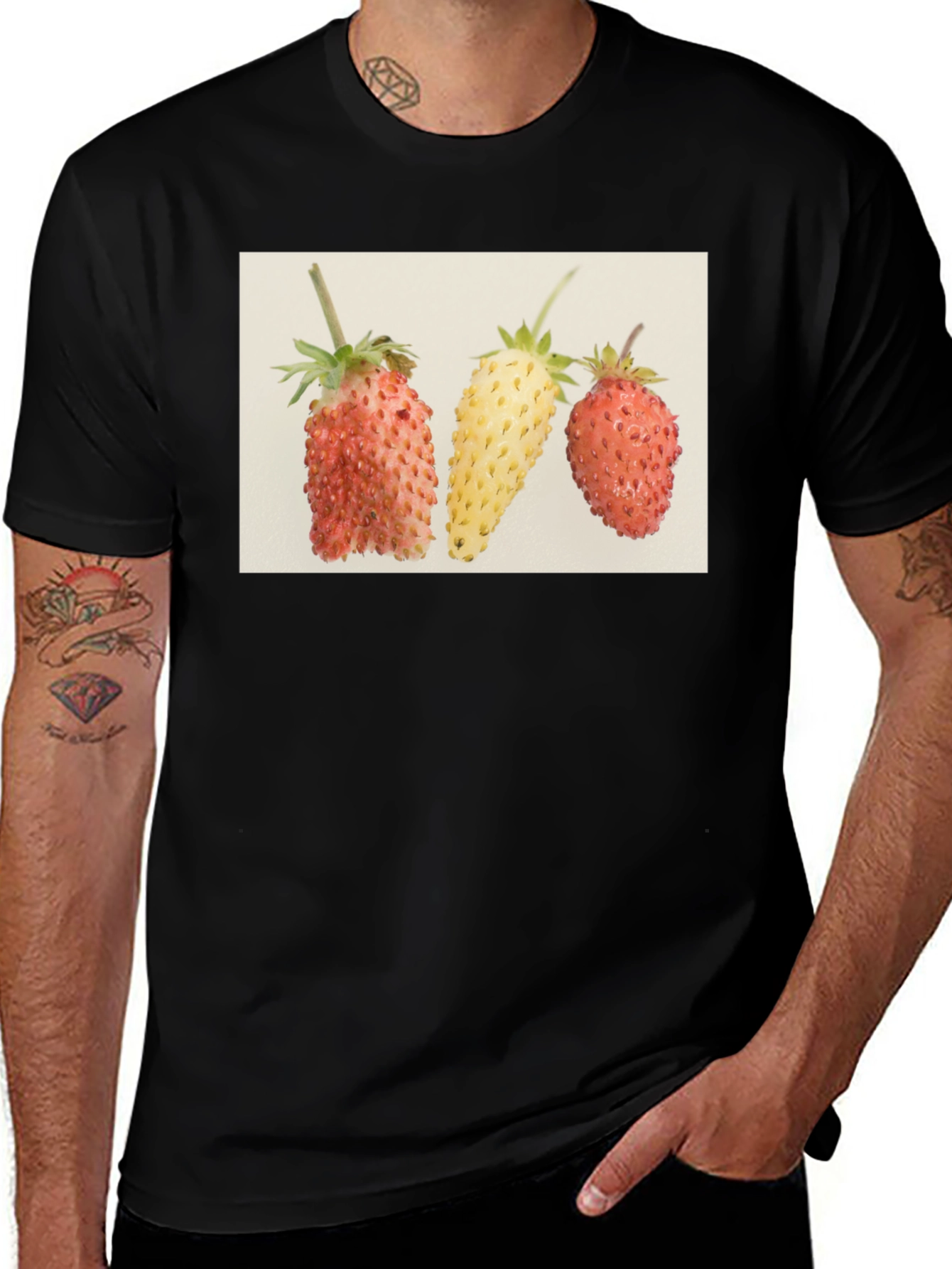 Variant 12 of Strawberry Trio Graphic Tee - Casual Black T-Shirt