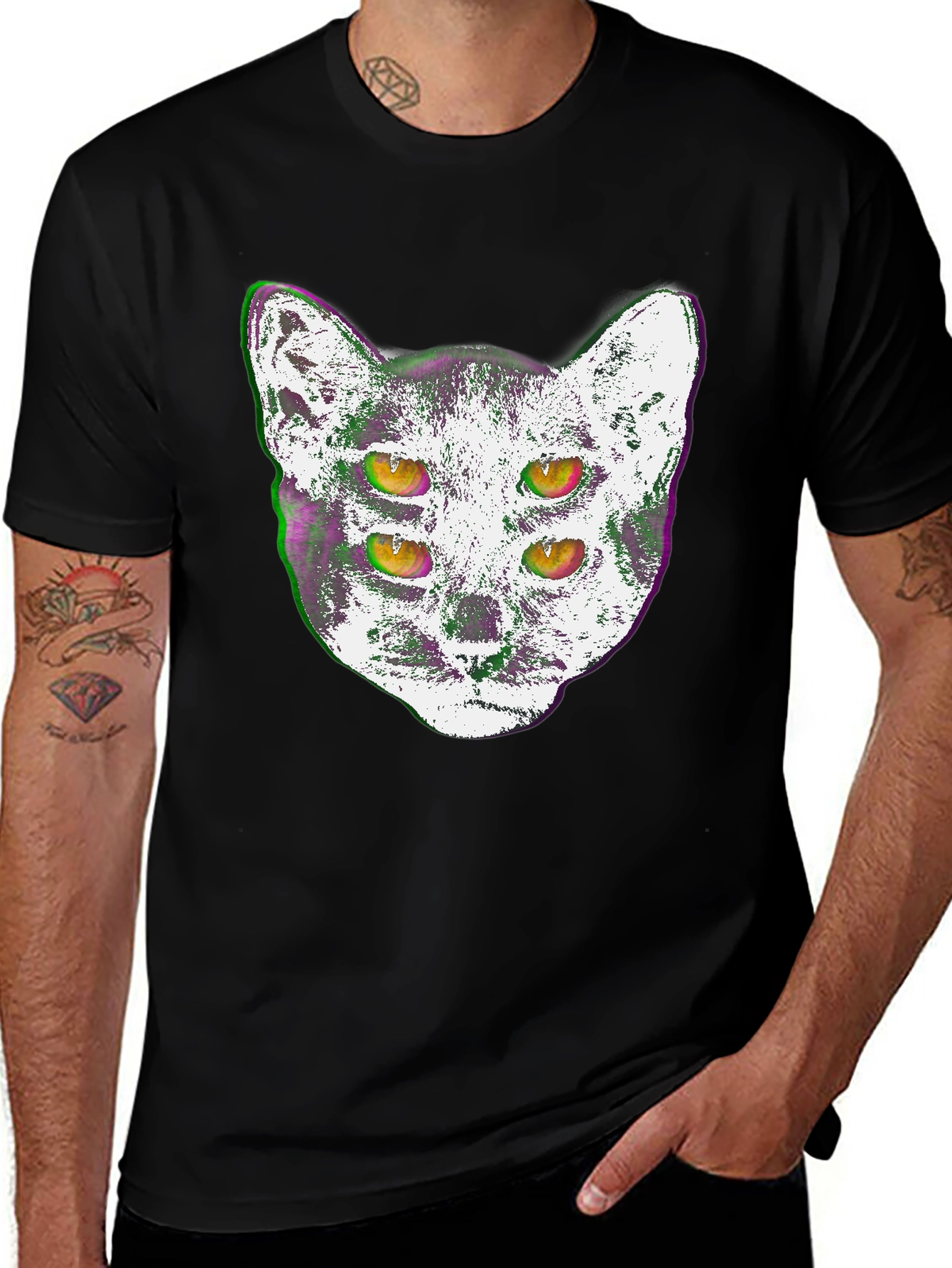 Variant 6 of Four-Eyed Cat Graphic Tee - Men's Black T-Shirt
