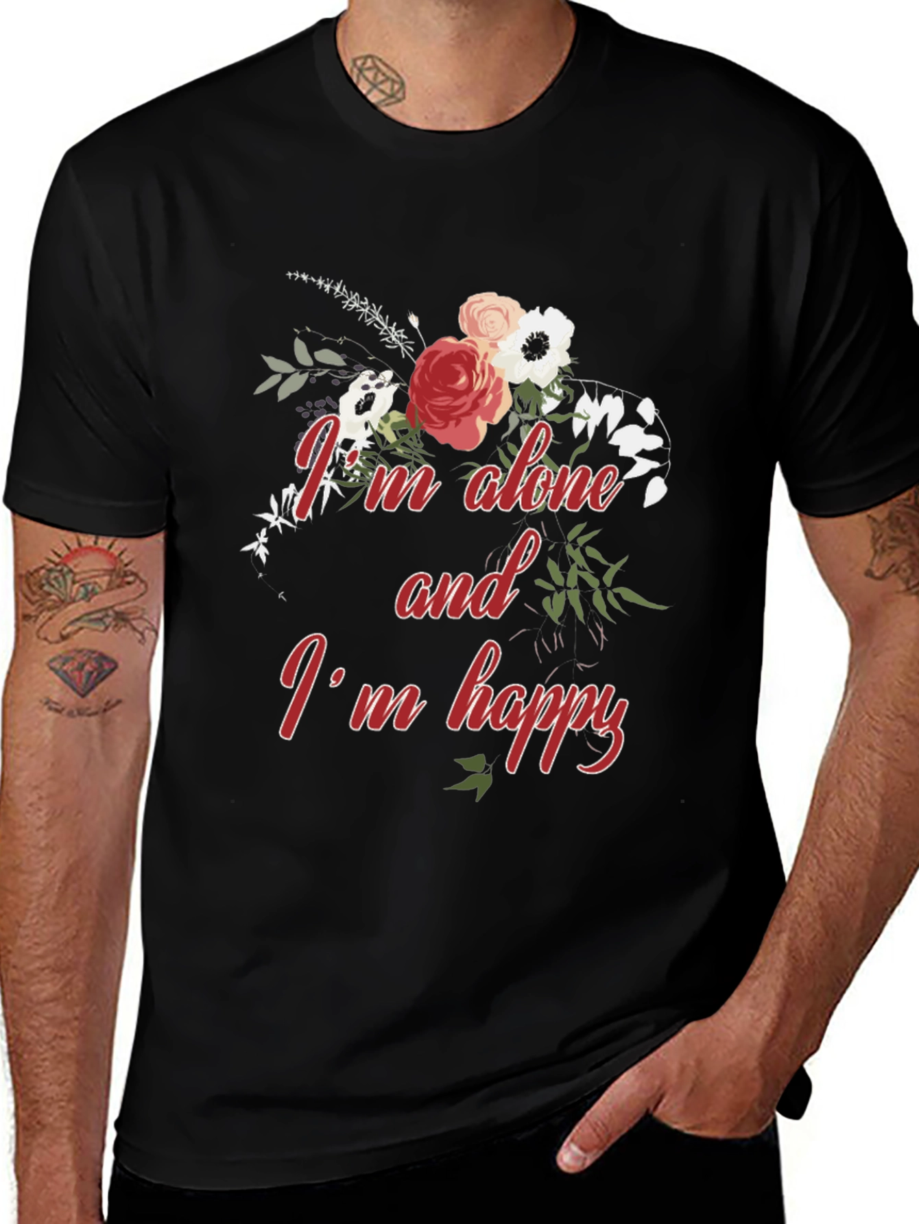 Variant 30 of Alone and Happy Floral Graphic Tee - Black
