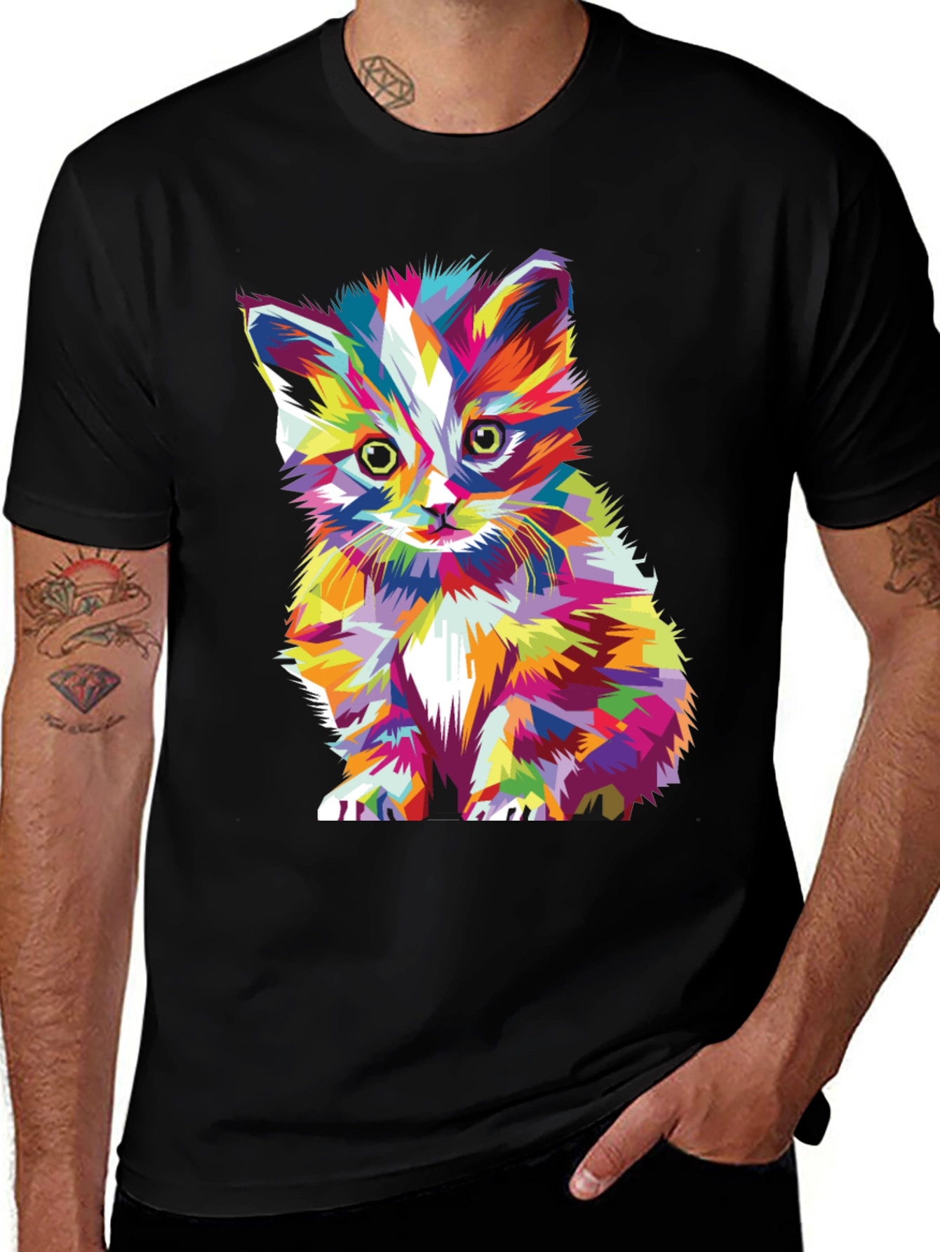 Variant 28 of Colorful Kitten Graphic Print Black T-Shirt