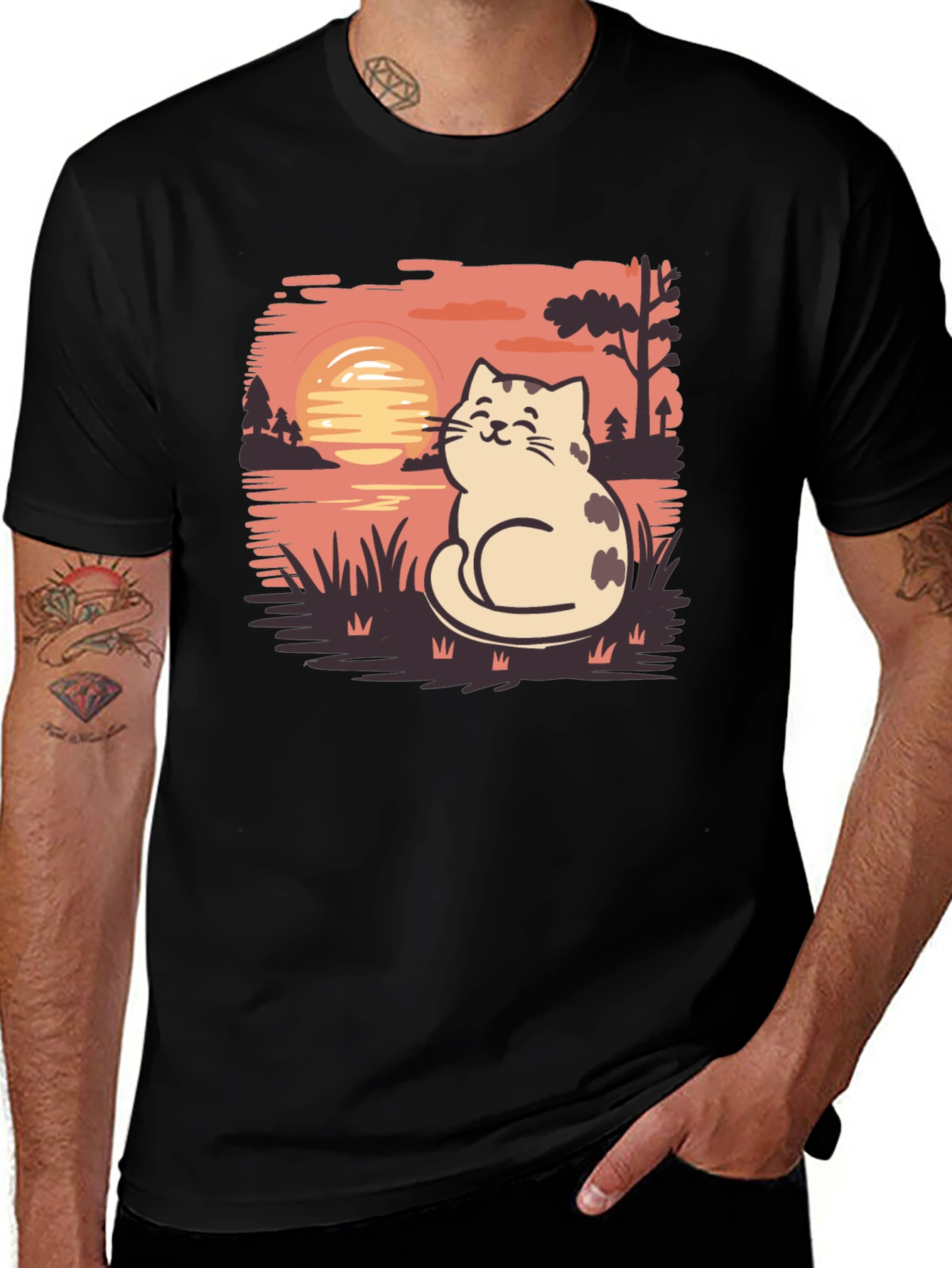 Variant 9 of Cat Sunset Graphic Tee - Cozy Comfort, Stylish Design