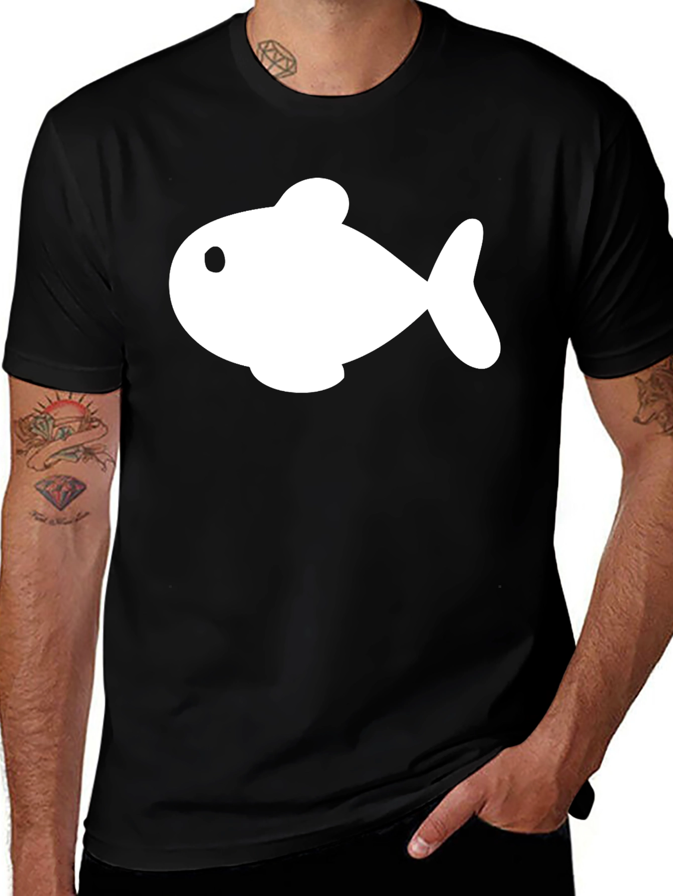 Variant 30 of Cartoon Fish Graphic Tee - Black Cotton Blend