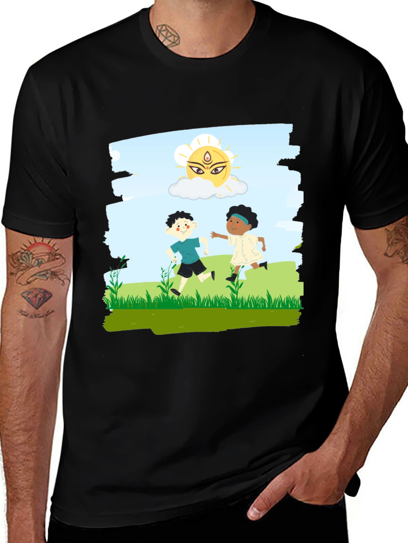 Black Kids Playing Graphic T-Shirt - Black Cotton Blend main image