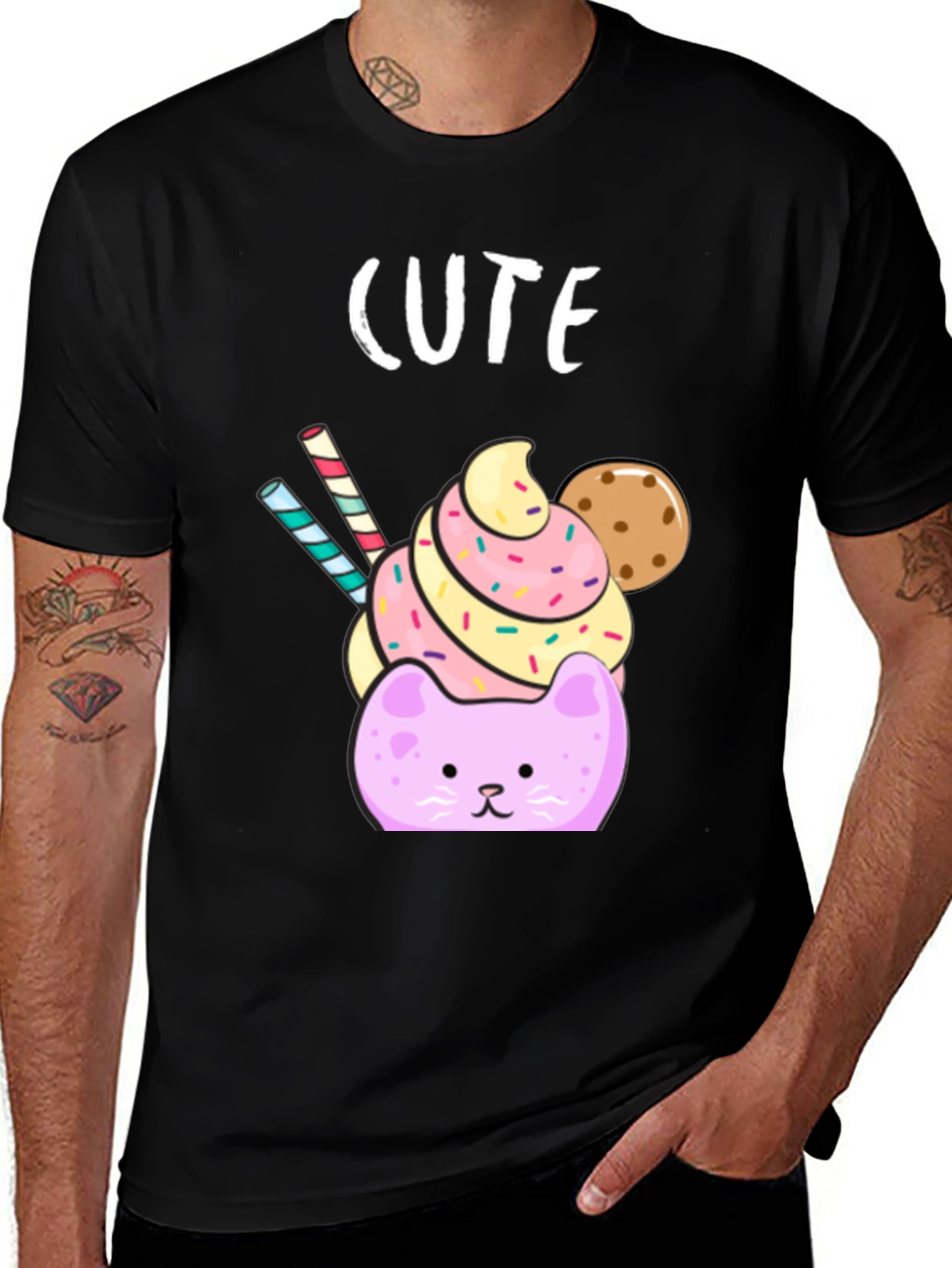 Variant 5 of Cute Cat Ice Cream Black T-Shirt