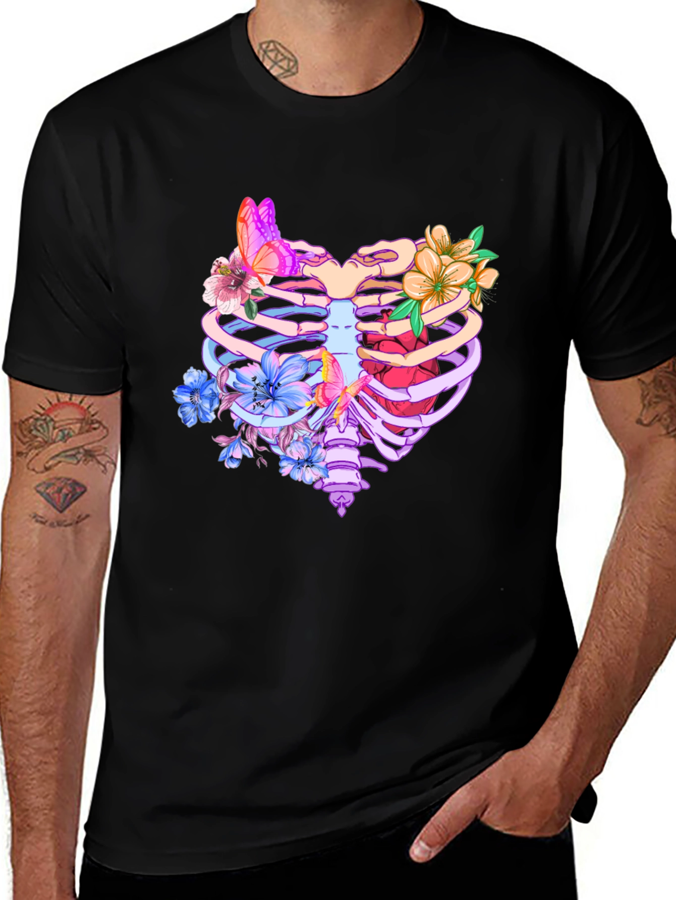 Variant 10 of Floral Rib Cage Graphic Tee - Black