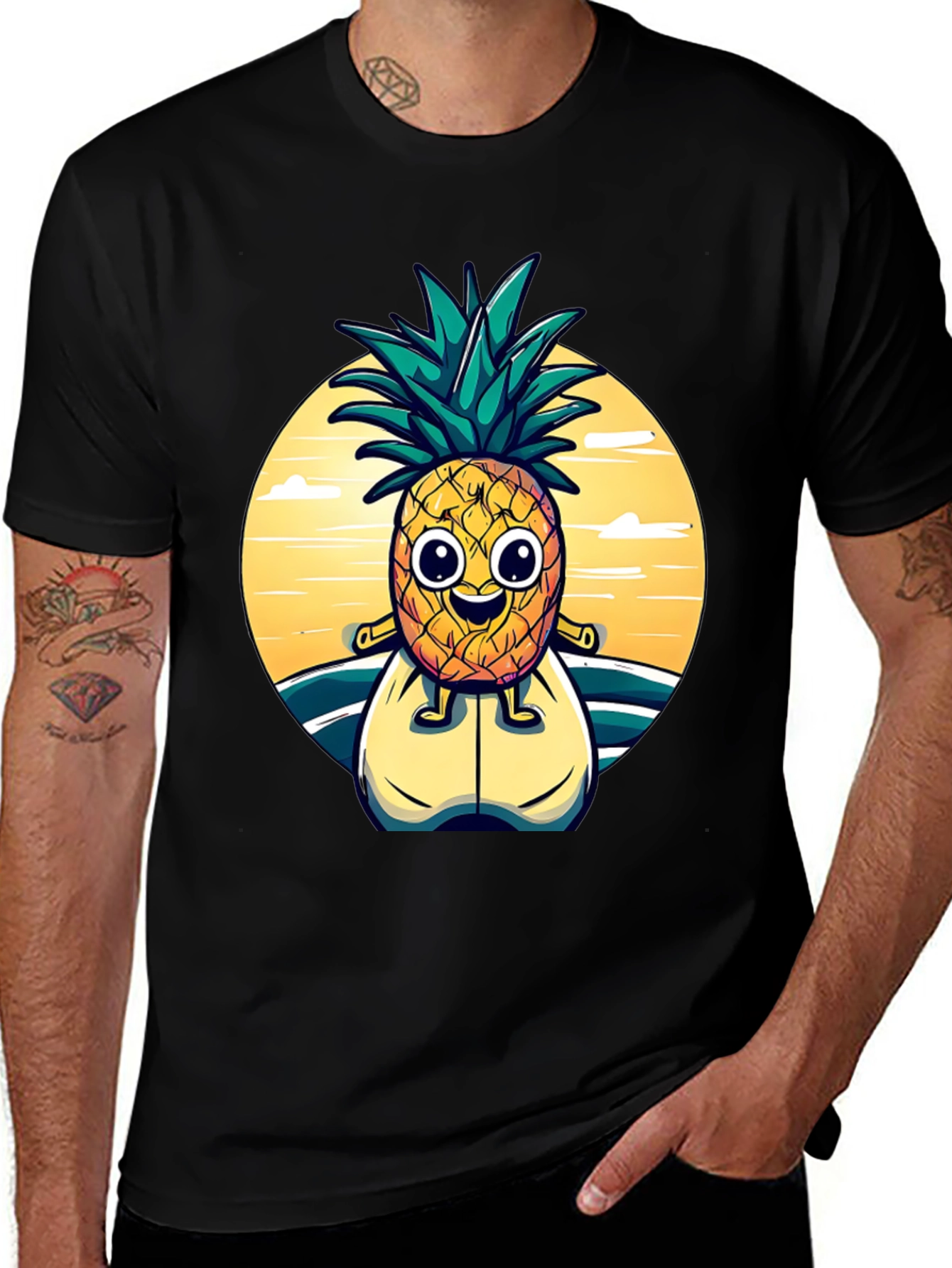 Variant 11 of Surfing Pineapple Graphic Tee - Black Cotton T-Shirt