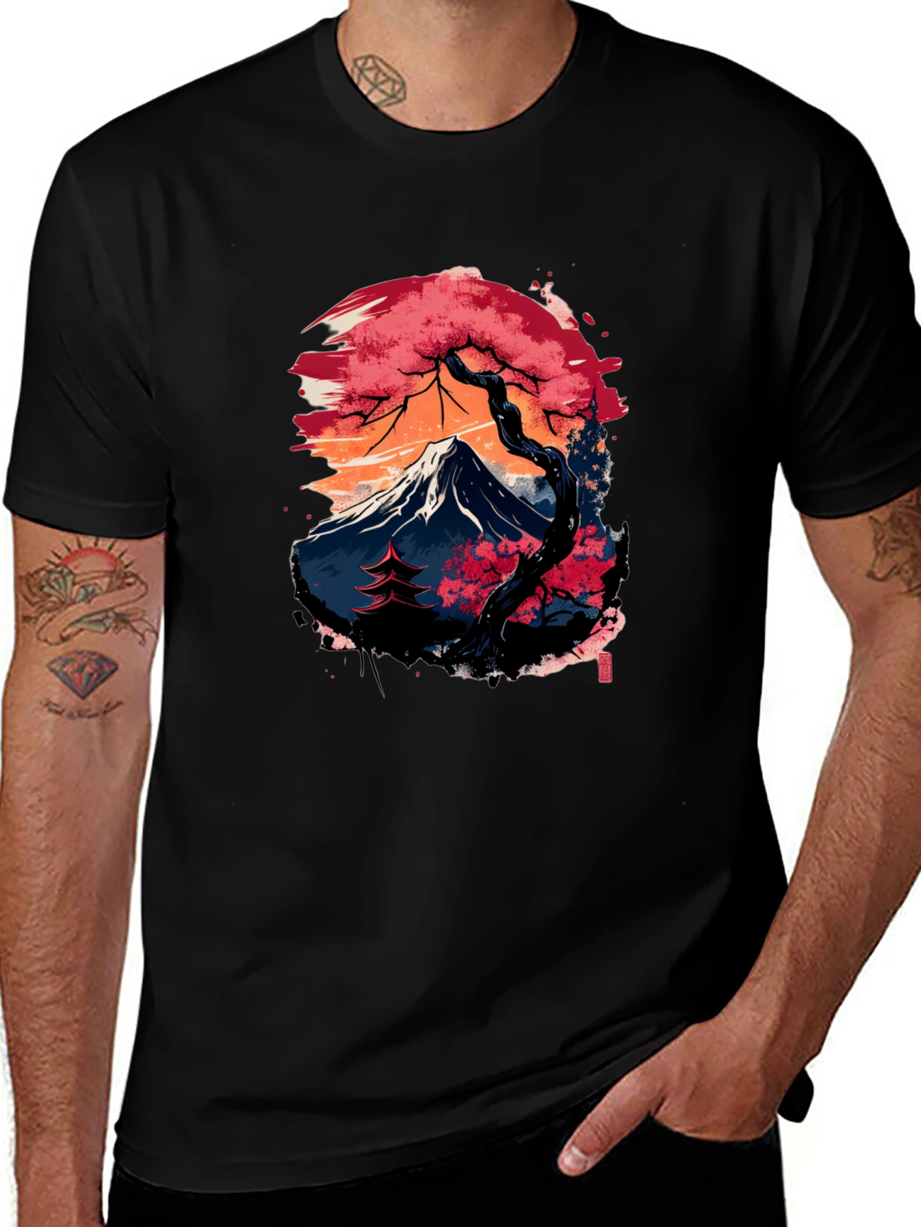 Variant 17 of Japanese Mountain Print Black T-Shirt
