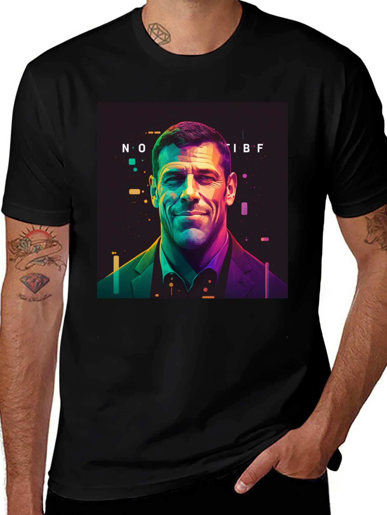 Variant 16 of Men's Black Graphic Tee - Colorful Man Portrait