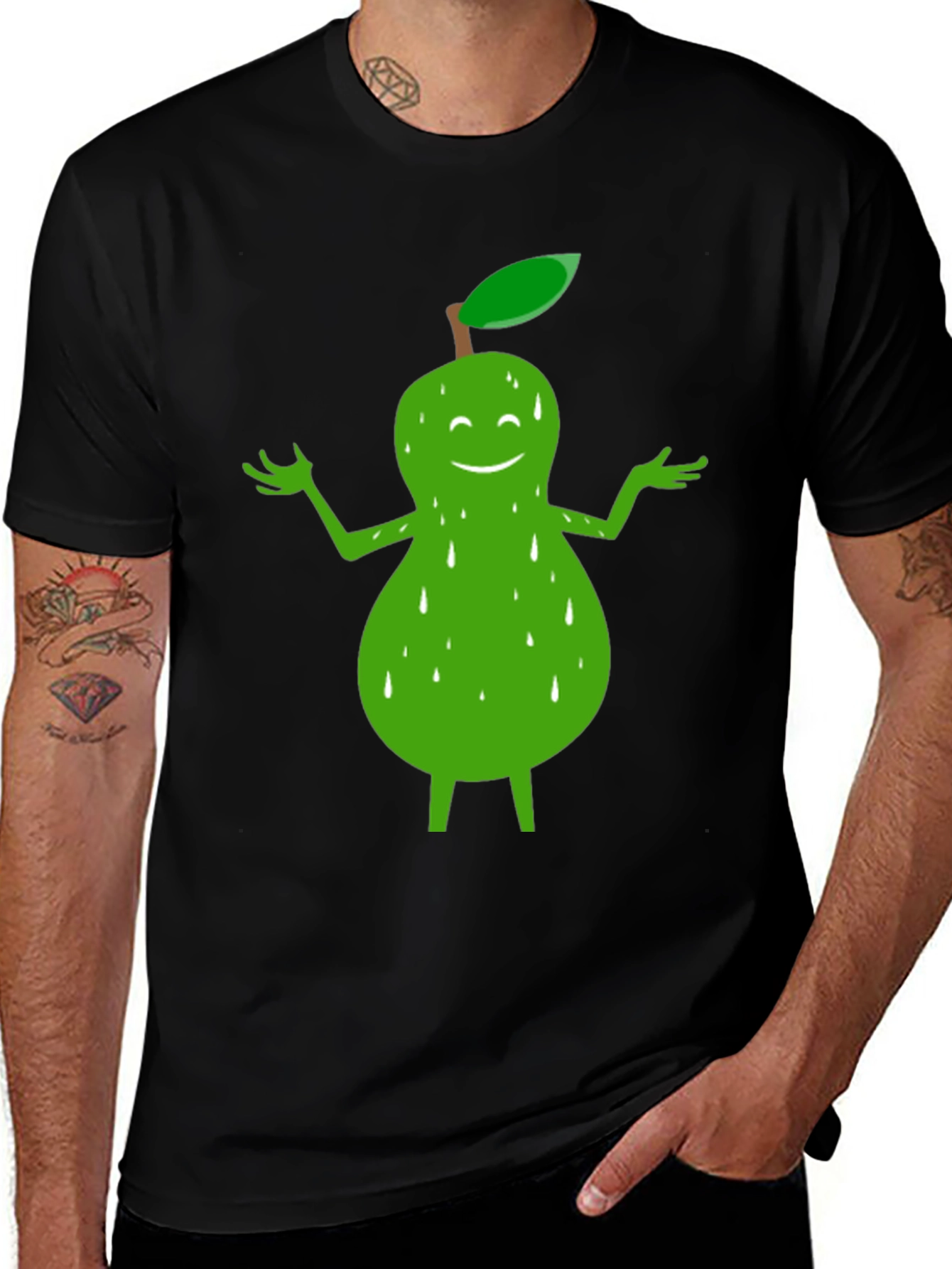 Variant 30 of Pear Character Graphic Tee - Black Cotton T-Shirt