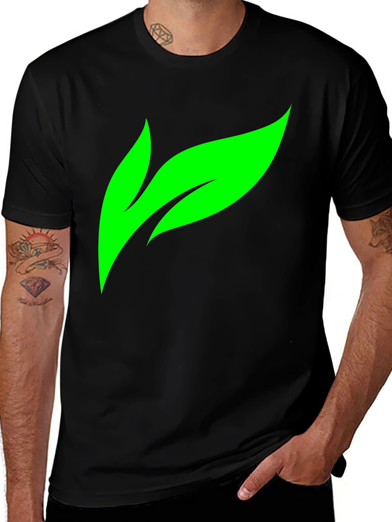 Variant 21 of Eco Green Leaf Design Black T-Shirt