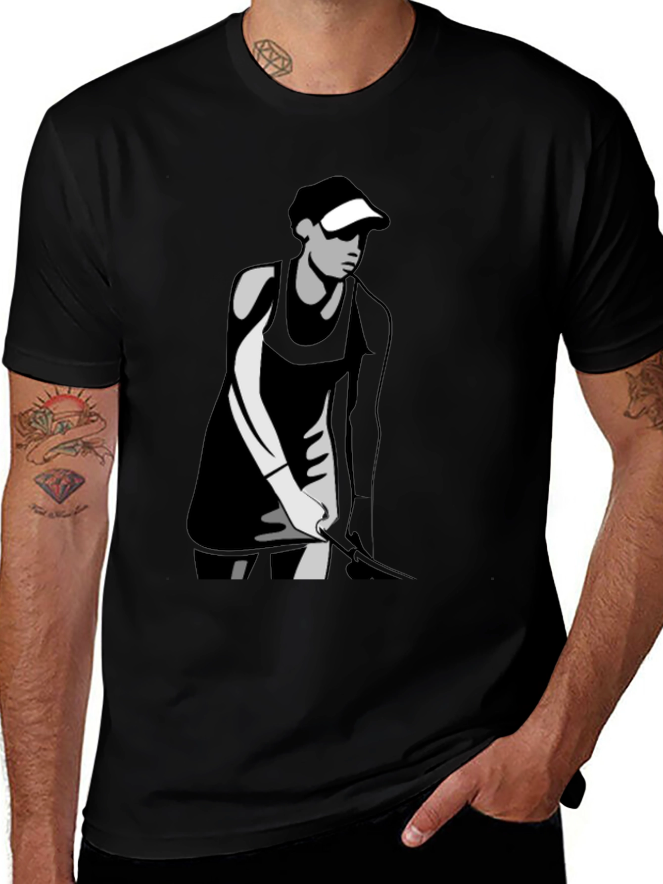 Variant 27 of Men's Black Graphic Tee - Tennis Player Design