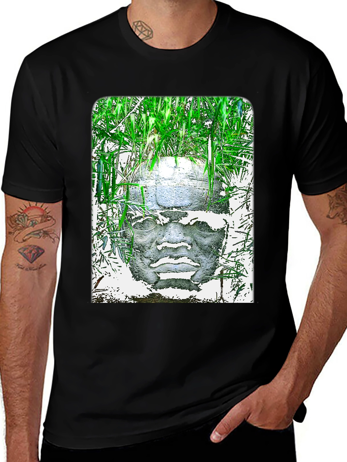 Olmec Head Graphic Tee - Black Cotton T-Shirt