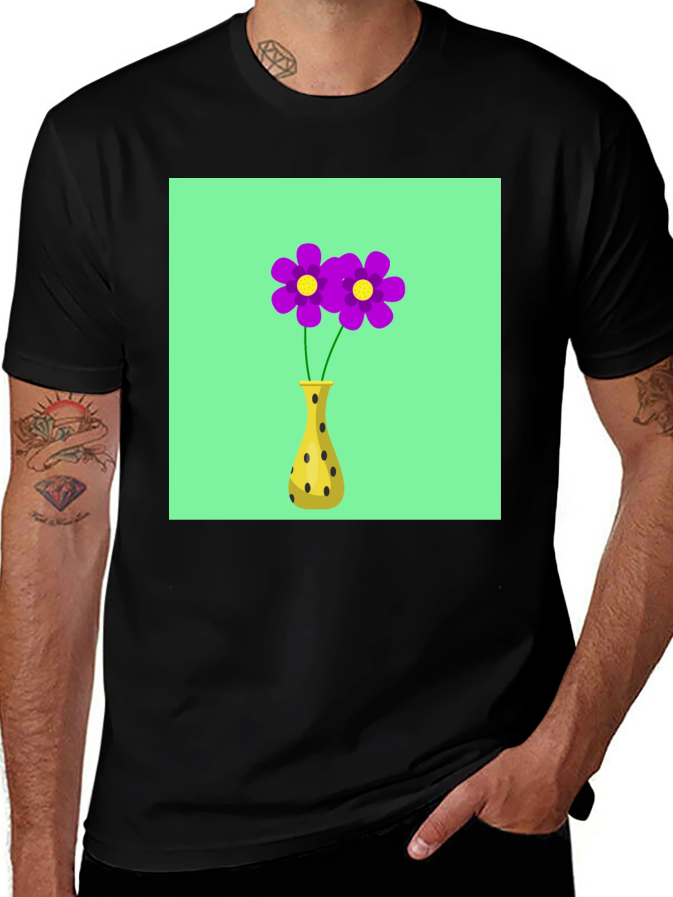 Variant 9 of Floral Vase Graphic Tee - Black Cotton Casual Wear