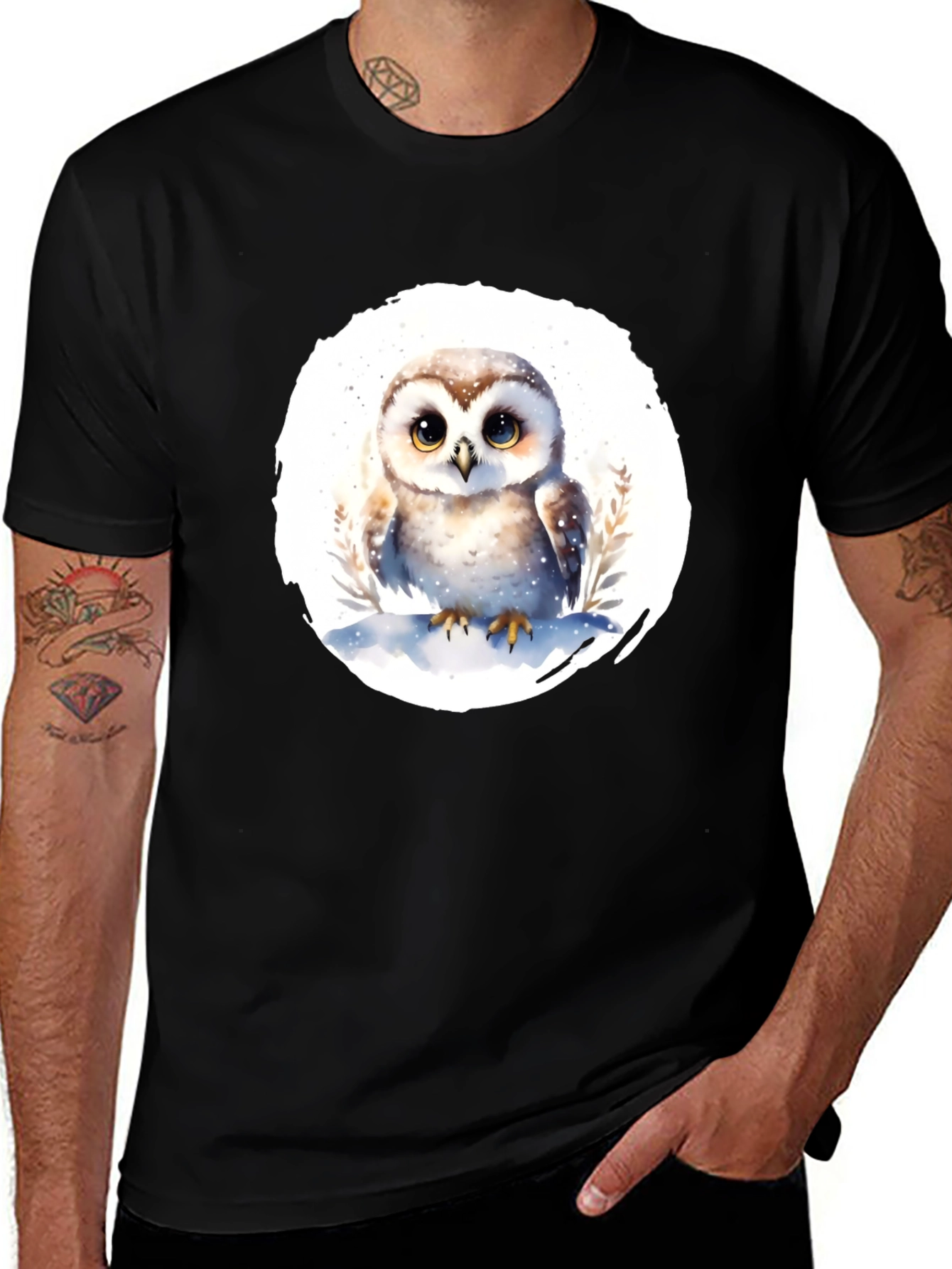 Variant 22 of Cute Owl Graphic T-Shirt - Men's Black Tee