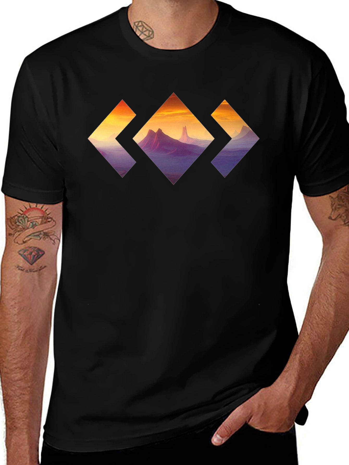 Mountain Sunset Diamond Graphic Tee - Stylish Black T-Shirt