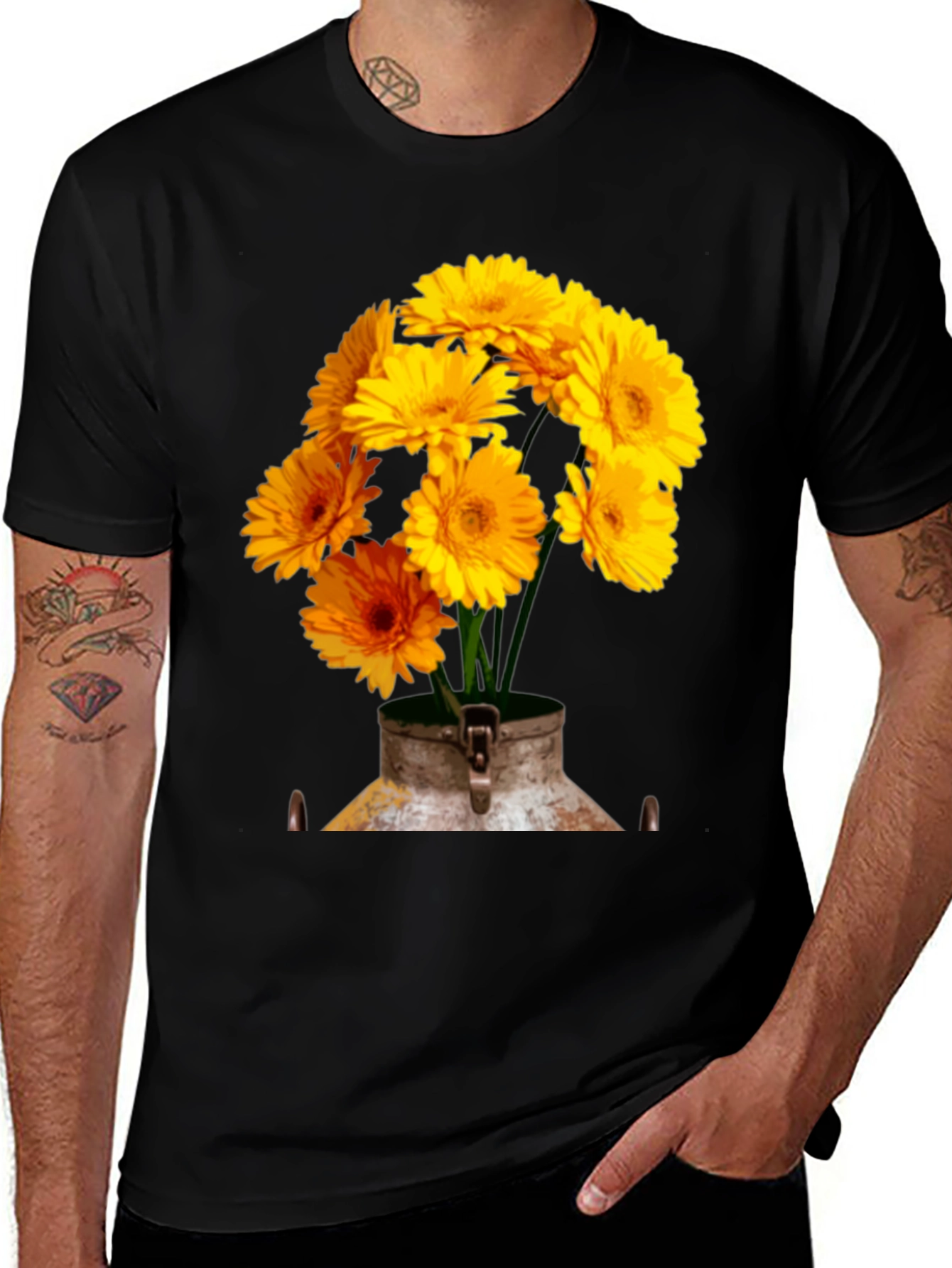 Variant 28 of Floral T-Shirt - Yellow Gerber Daisies in Rustic Vase