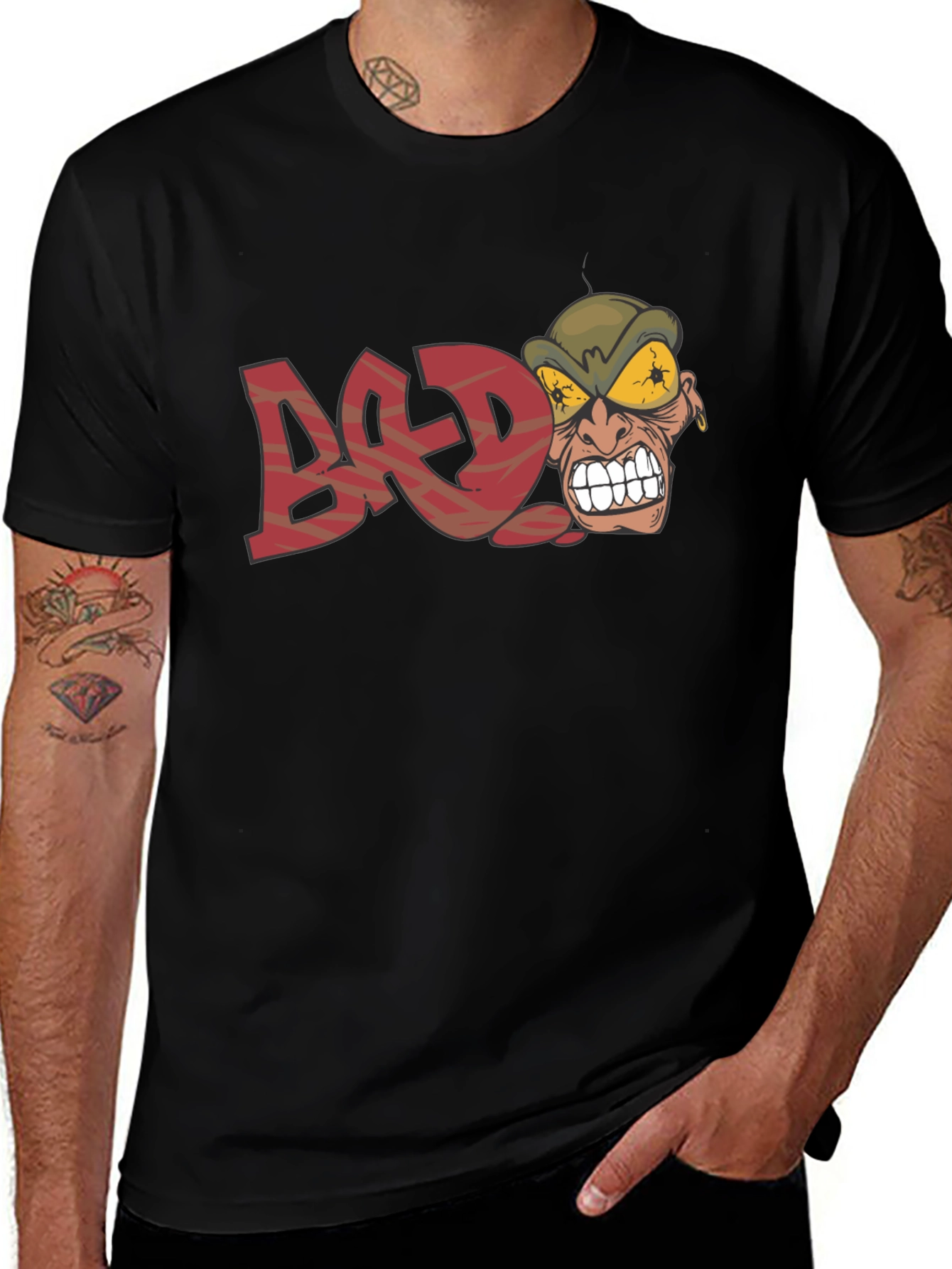 Variant 25 of Edgy "BAD" Graphic Black T-Shirt - Cartoon Angry Face