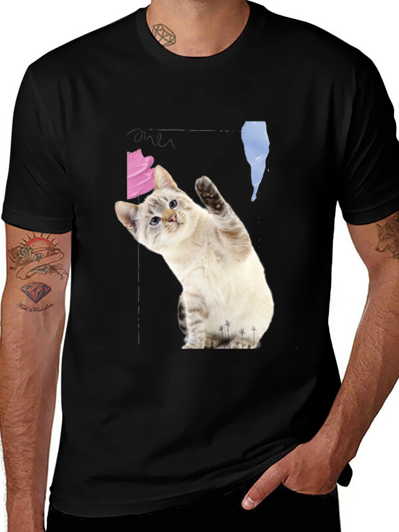 Variant 8 of Cute Cat Waving Black T-Shirt