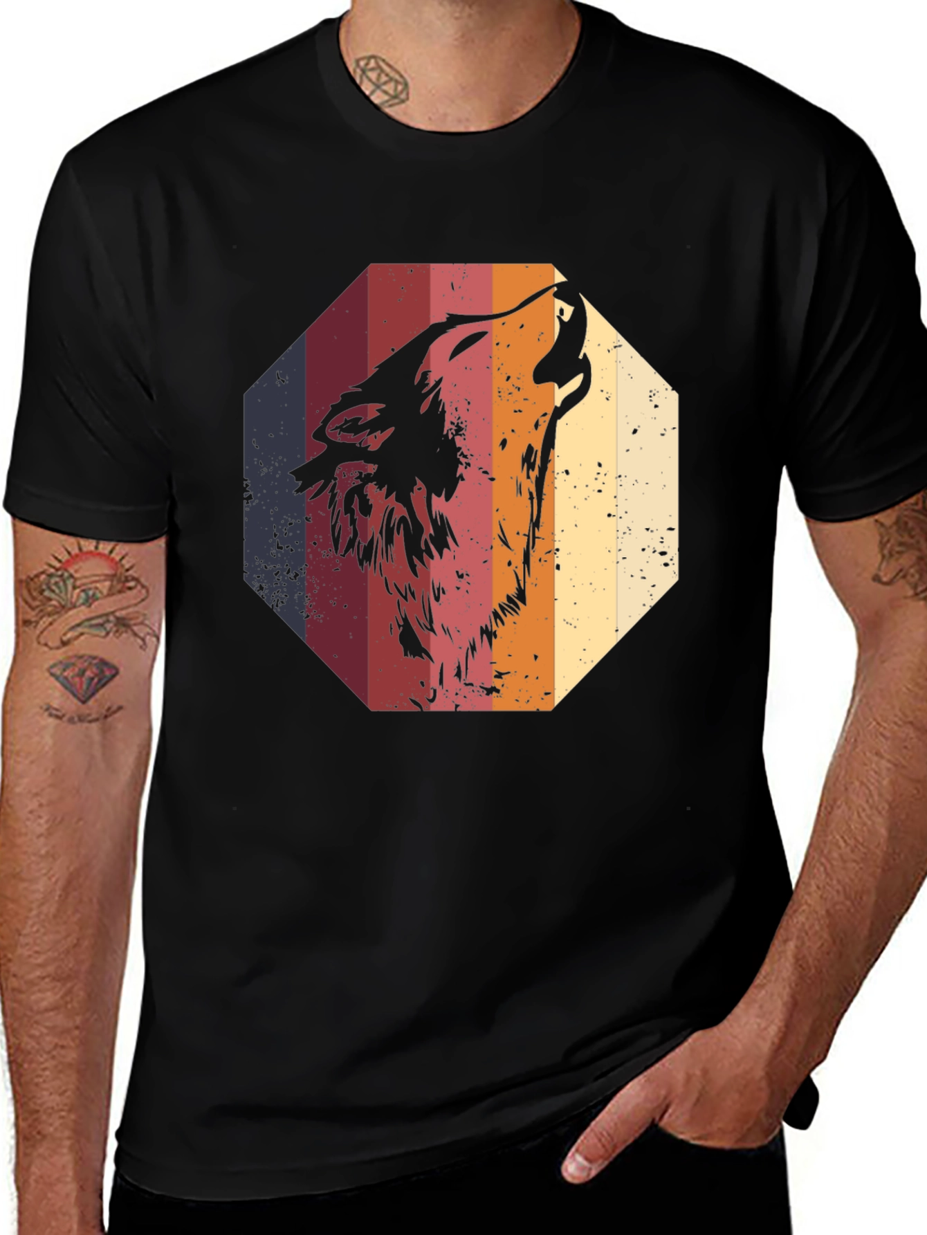 Variant 28 of Retro Wolf Graphic Tee - Men's Black T-Shirt