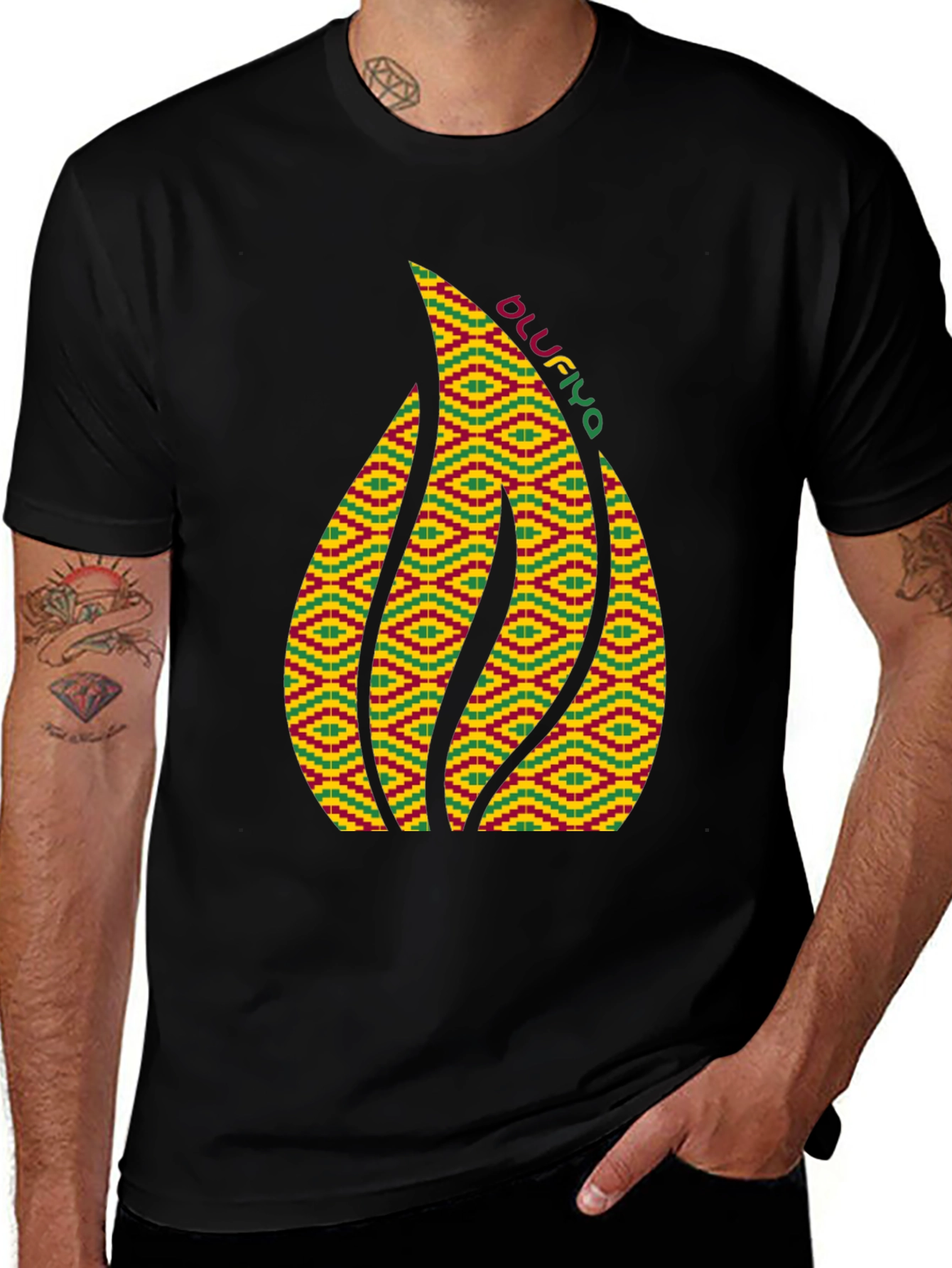 Variant 10 of Stylish Black Tee with Kente Flame Design